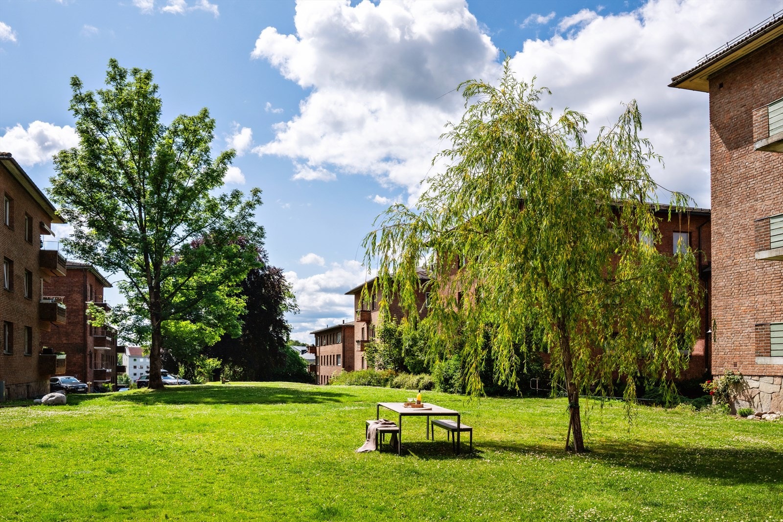 Flotte opparbeide grøntarealer mellom byggene på nedsiden av Ingar Nilsens vei 7 som oppleves som "Kongen på haugen". Sommerbilde Galleribilde