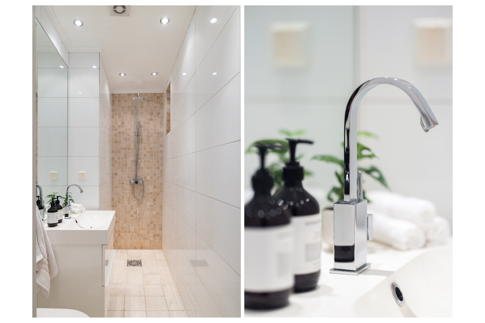 Badet er innredet med skuffeinnredning med heldekkende servant, toalett samt dusjhjørne med regnfallsdusj og håndholdt dusj. Galleribilde