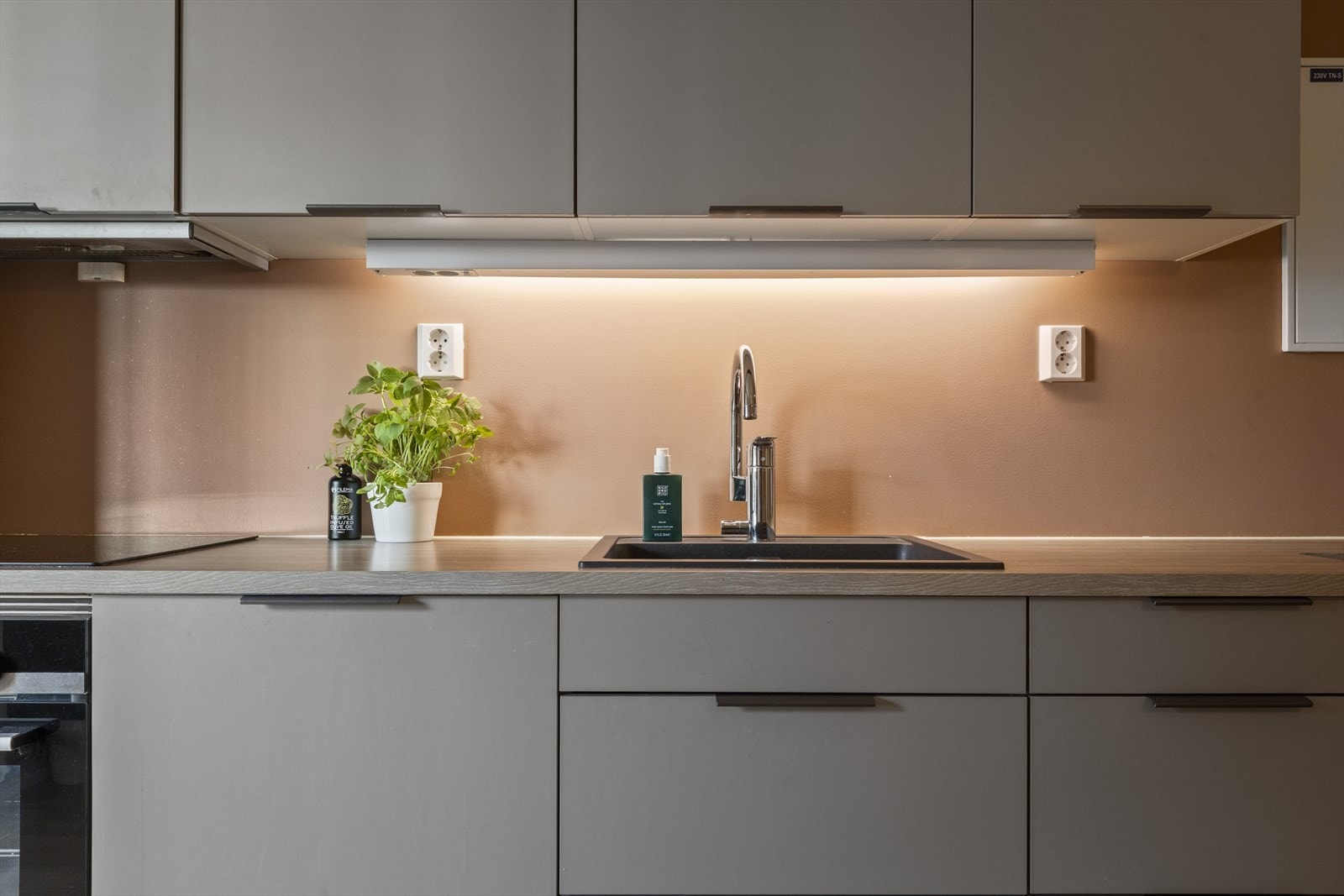 Integrert kjøl/fryseskap, oppvaskmaskin, komfyr og induksjonstopp. Disse medfølger salget. Galleribilde