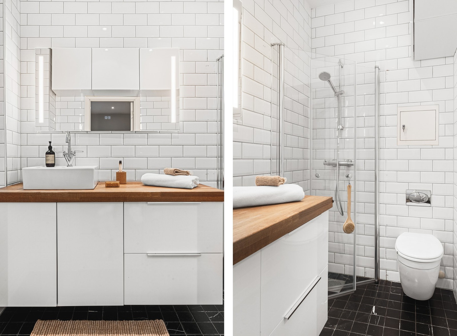 Pen innredning med benkeplate i heltre, servant og underskap og -skuffer. Vegghengte skap over dør supplerer med oppbevaringsplass. Galleribilde