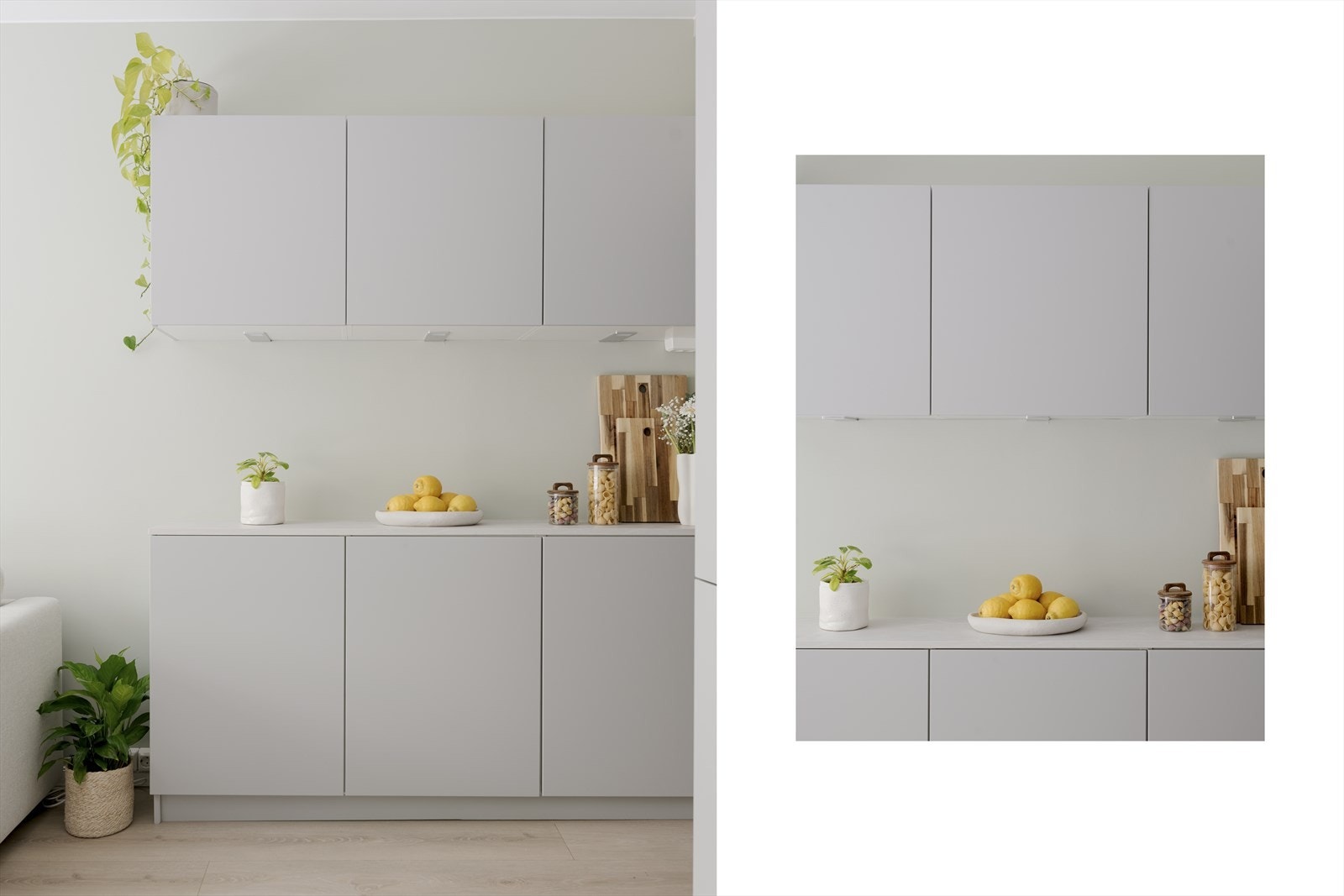 Ifm. den åpne stue-/kjøkkenløsningen er det ekstra oppbevaring- og arbeidsplass langs den ene stueveggen. Galleribilde