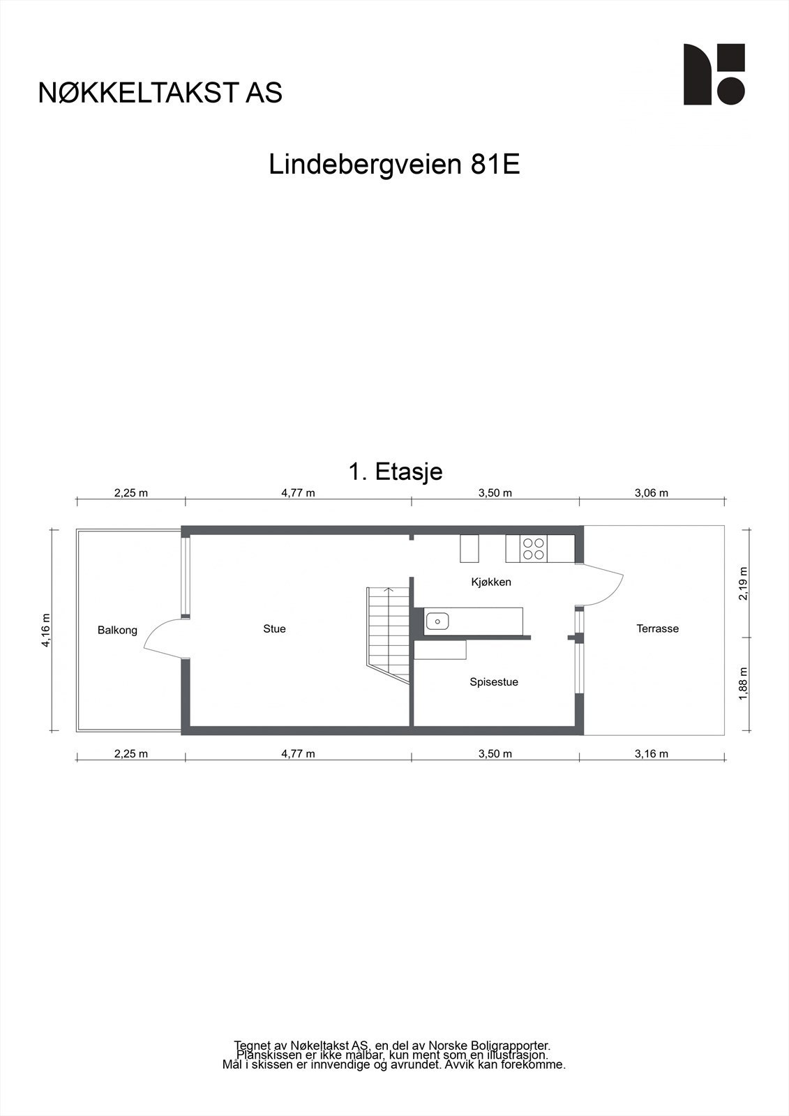 PLANTEGNING 1. ETASJE | 35m²
Boligens øvre plan består av stue med adkomst til vestvendt balkong på 9,5m² med utsikt, kjøkken med adkomst til østvendt terrasse på 13m², spisestue som kan gjøres om til et eventuelt soverom. Galleribilde