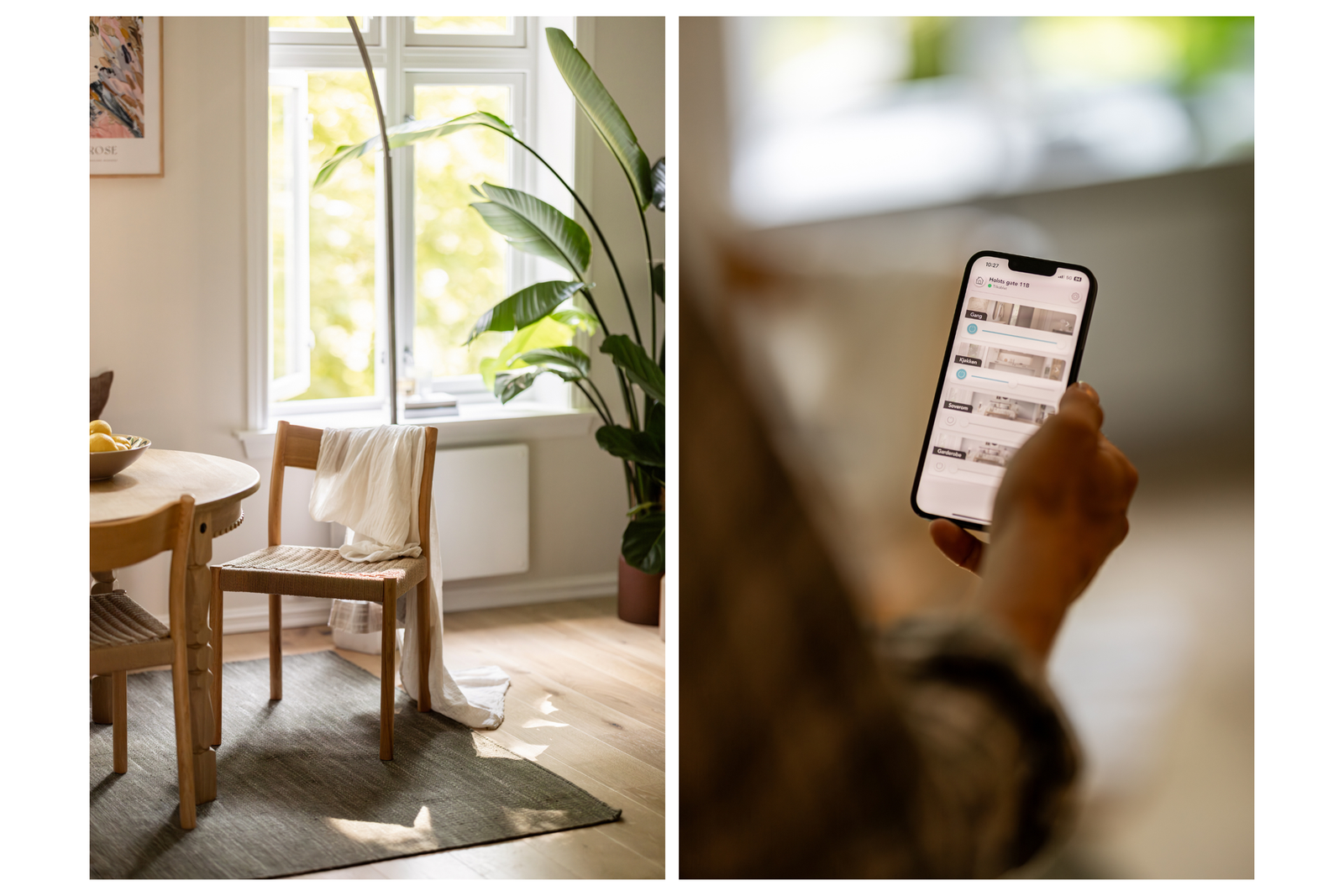 Lysbryterne i boligen er tilkoblet Plejd, som gir moderne og fleksibel lysstyring. Via Plejd-appen kan belysningen enkelt styres fra mobil eller nettbrett, med mulighet for dimming, tidsstyring og tilpasning av lysnivå etter behov og stemning. Galleribilde