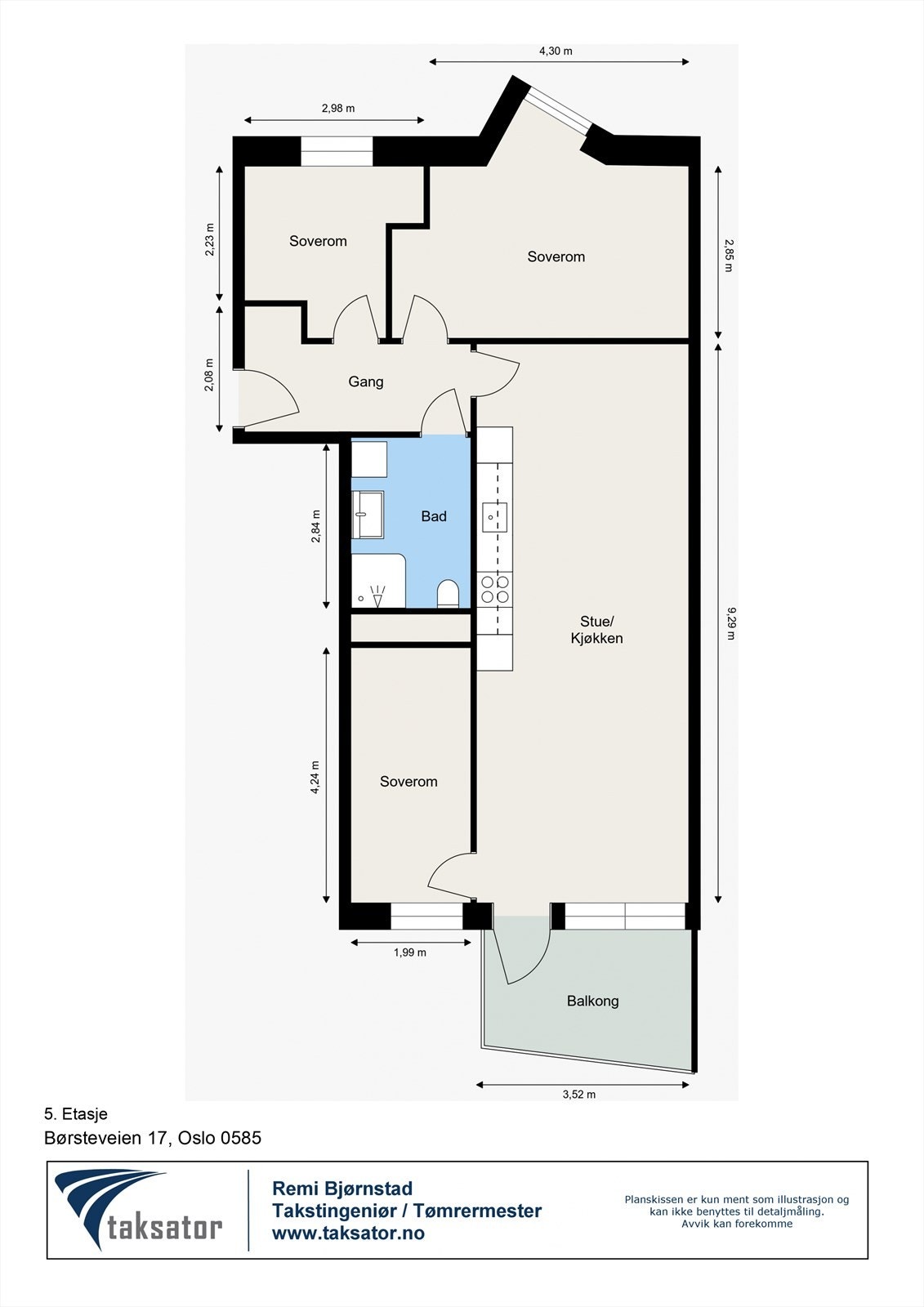 Plantegningen viser en arealeffektiv leilighet på 76 m² med tre soverom, bad og åpen stue-kjøkkenløsning. Galleribilde