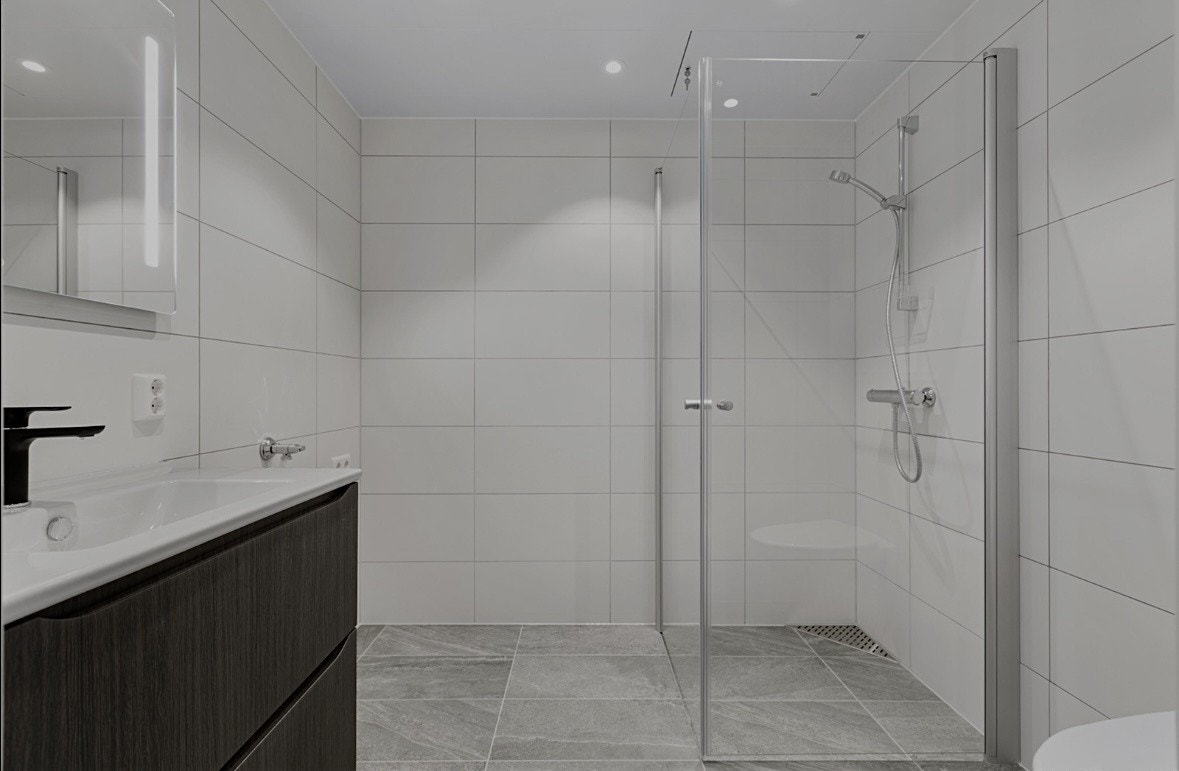 Flislagt bad med varme i gulv. Galleribilde