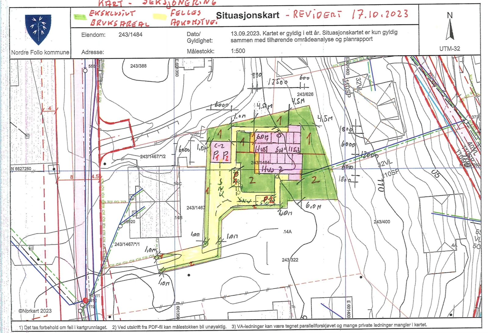Kart som viser skille mellom enhetene. Det er merket hvor boligen har biloppstillingsplass. Galleribilde