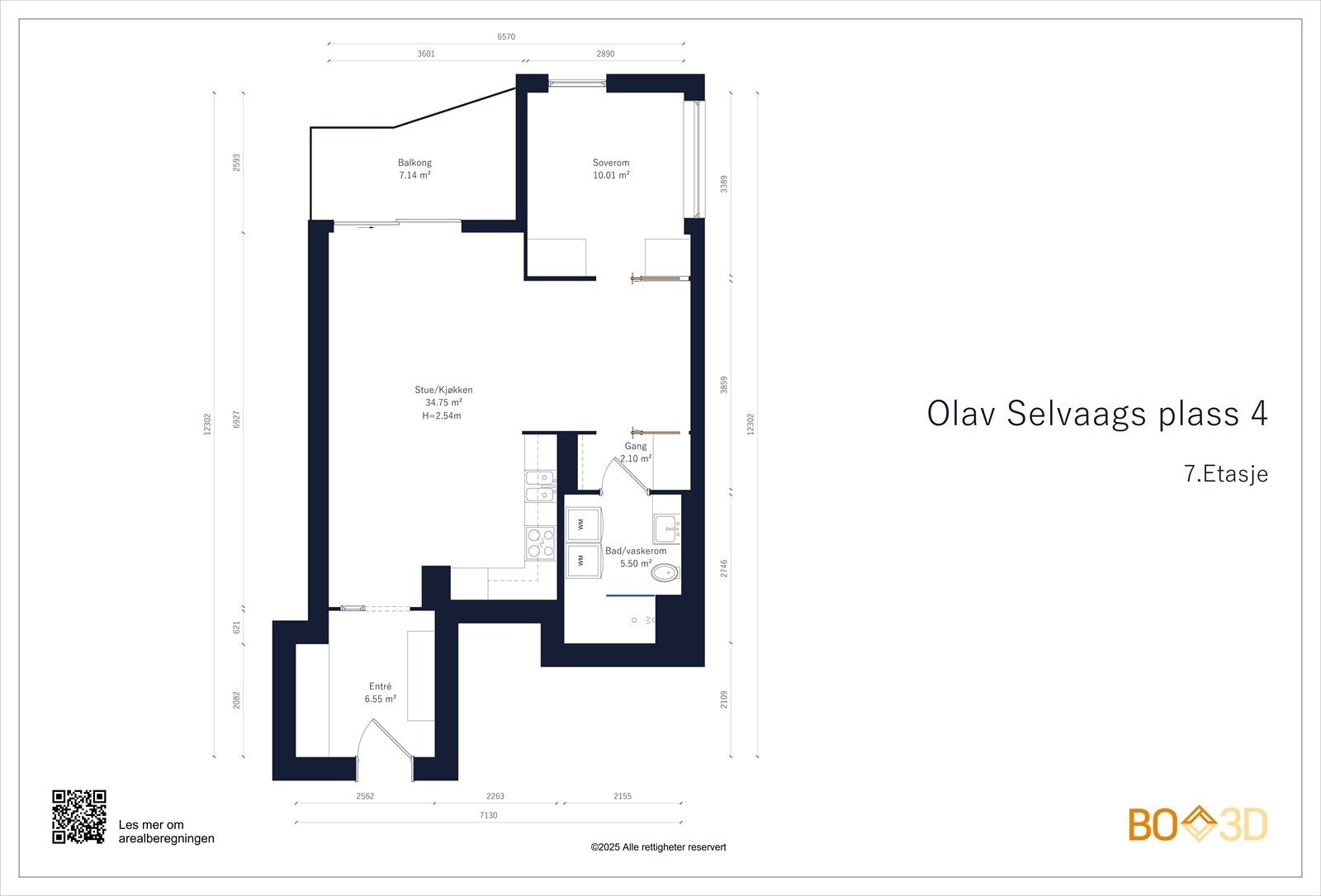 Leiligheten ligger i 7.etg og inneholder: entré med skyvedørsgarderobe, stue med åpen kjøkkenløsning og utgang balkong, soverom, garderoberom og bad. Galleribilde