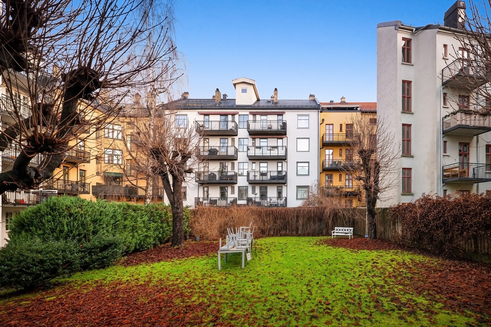 Stor og rolig bakgård med flere soner og tujahekk som gir privat og koselig atmosfære. Galleribilde