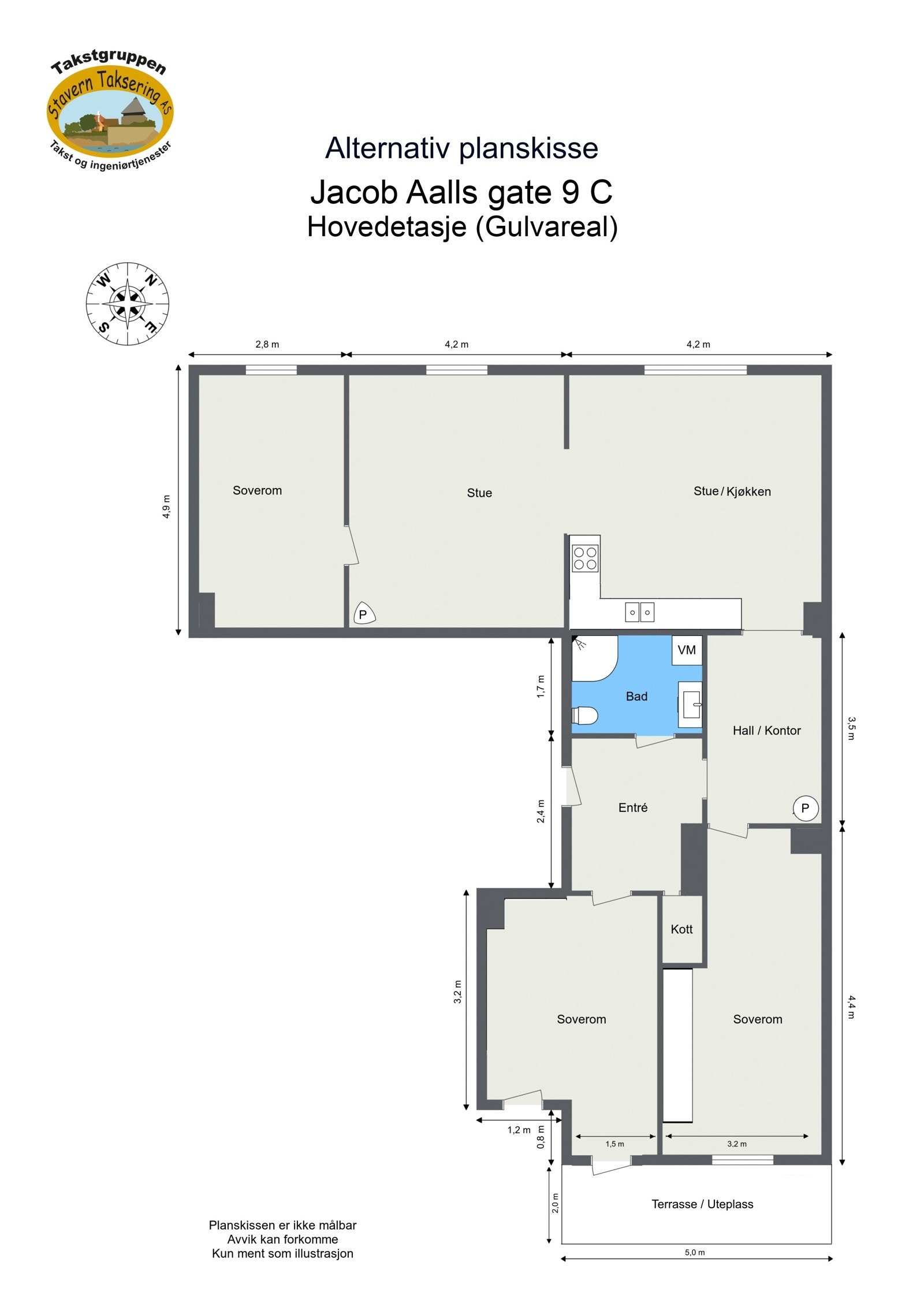 Alternativ planløsning - Det kan etableres et ekstra soverom i dagens kjøkken, samt utgangsdør med tilhørende platting, forutsatt godkjenning fra styret og kommunen. Galleribilde