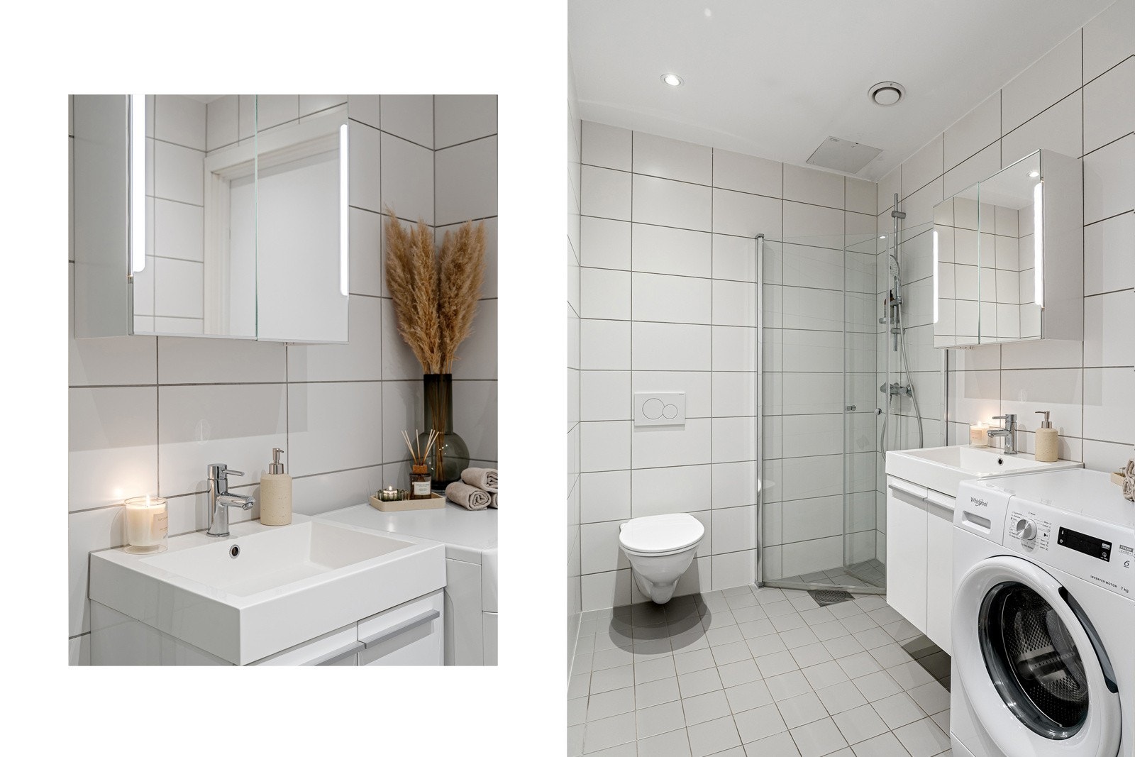 Badet har veggmontert servantinnredning med heldekkende vask og ett-greps armatur i krom, samt speilskap med integrert belysning. Galleribilde