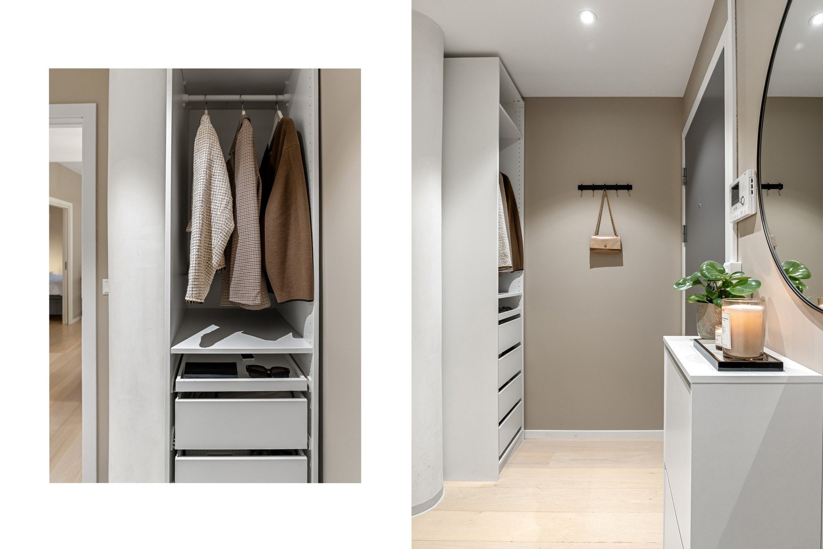 Gjennomgående enstavs parkett på gulv, malte slette vegger og hvitmalte slette takflater med innfelte downlights. Dørcalling med video. Galleribilde