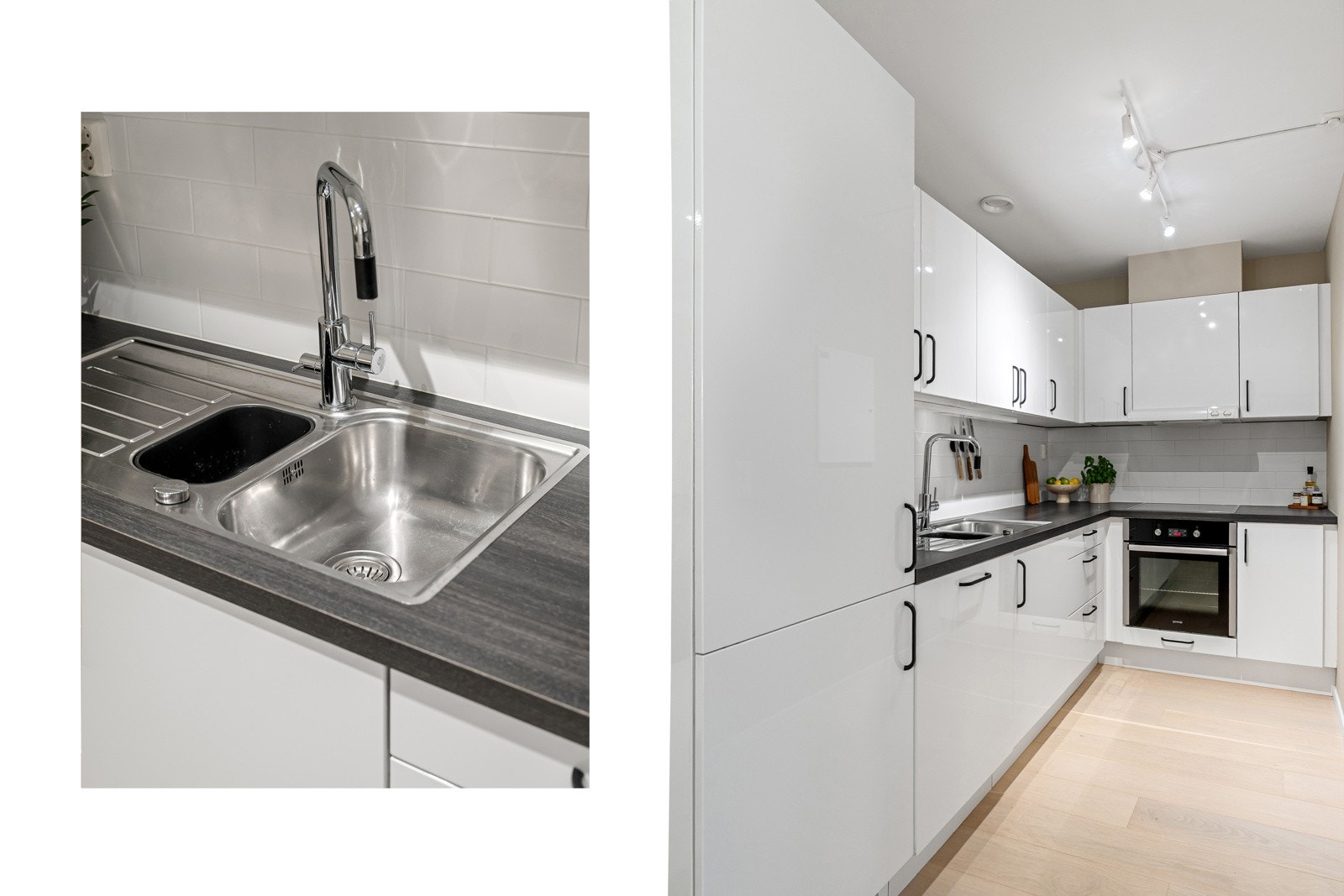 Kjøkkenet er utstyrt med integrerte hvitevarer som oppvaskmaskin fra Blomberg, kjøl og frys fra Gram, stekeovn fra Gorenje, platetopp fra Siemens og avtrekksvifte integrert i overskap. Galleribilde