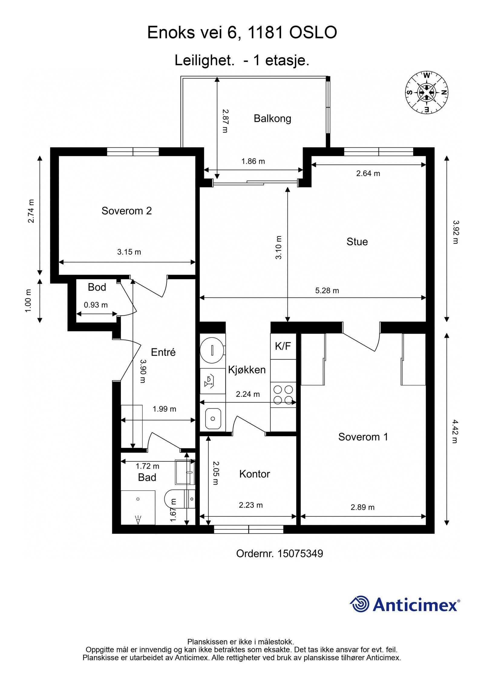 Plantegning. I tillegg disponerer leiligheten to kjellerboder på ca. 9m² og ca. 7m², samt en loftsbod med gulvareal på ca. 9m². Galleribilde
