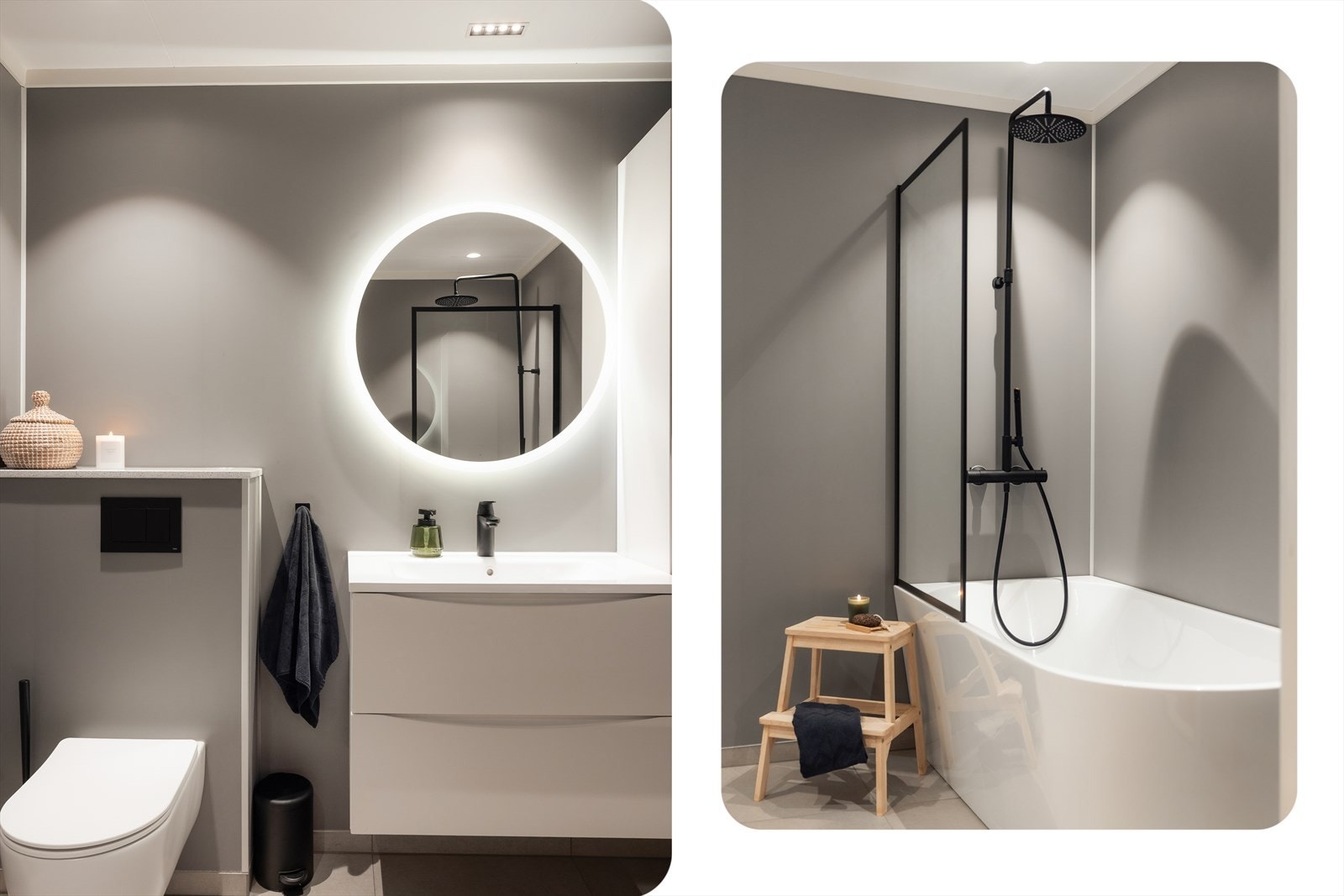 Badet er innredet med vegghengt toalett, helstøpt servant med praktiske skuffer under i slette fronter, samt badekar. Det er også blitt etablert blandebatteri i dusjen fra tapwell Galleribilde