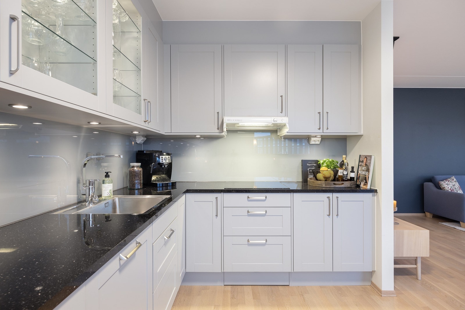 Hvitevarene er sømløst integrert og består av integrert kjøleskap med fryser, oppvaskmaskin, kombiovn, stekeovn med dampfunksjon og induksjonstopp. Galleribilde