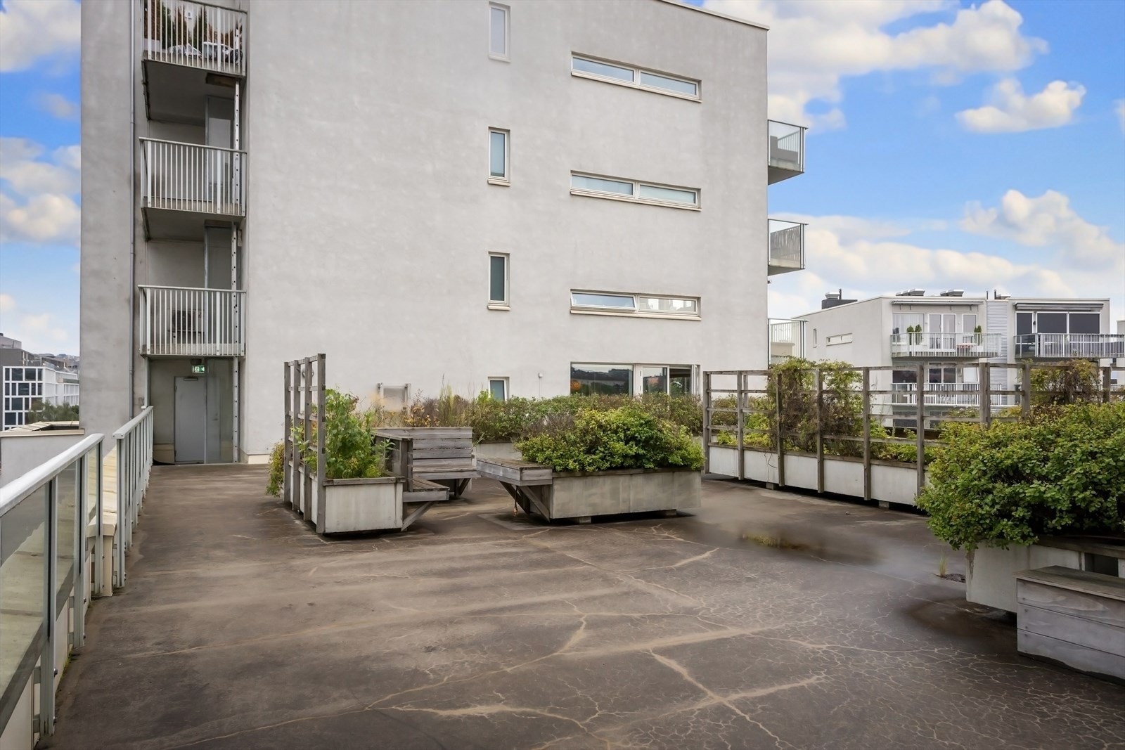 Felles takterrasse med flere sittegrupper og pen beplantning. Galleribilde