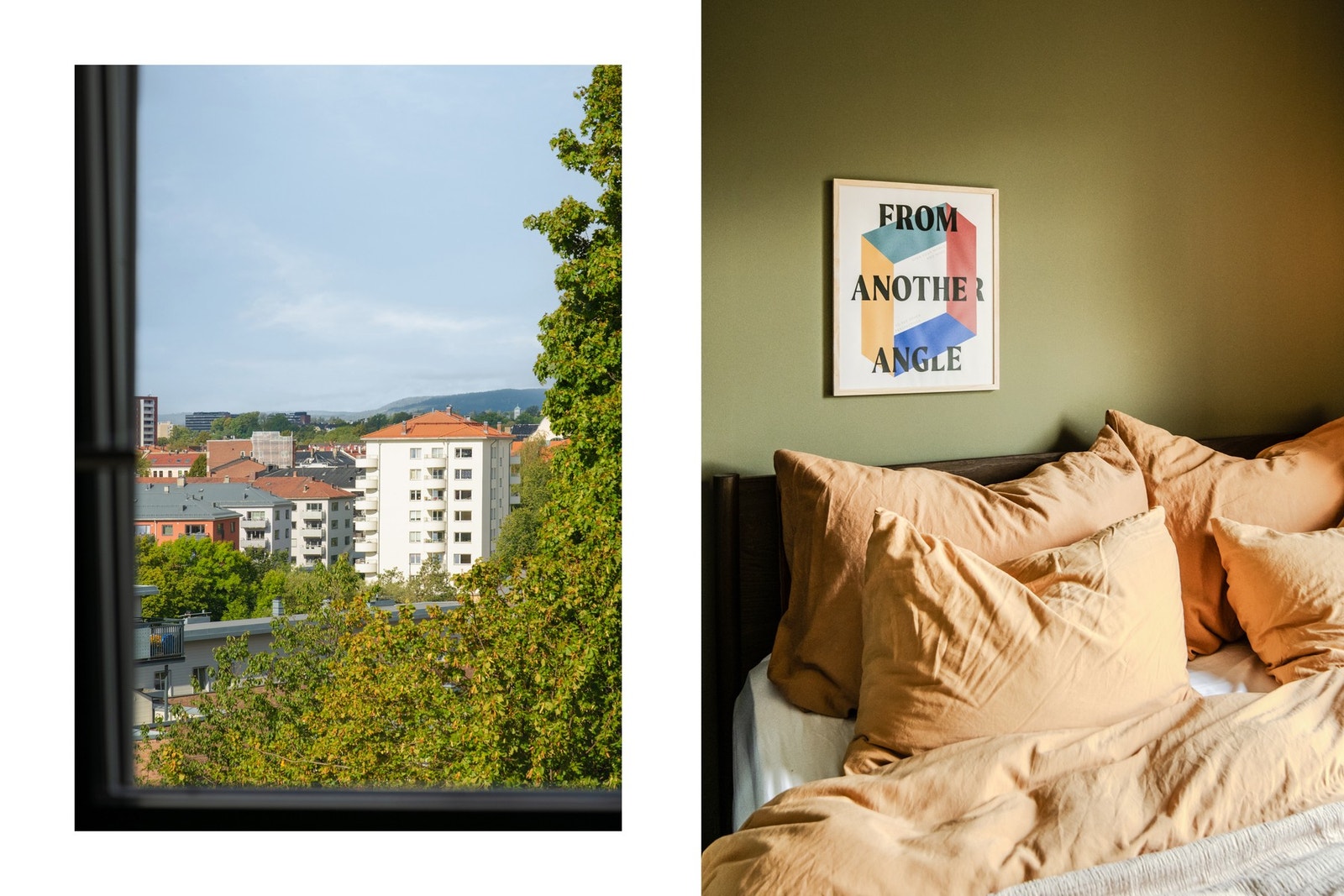 Et stort vindu vender ut mot frodige trær og gir rommet en rolig og naturnær utsikt. Galleribilde