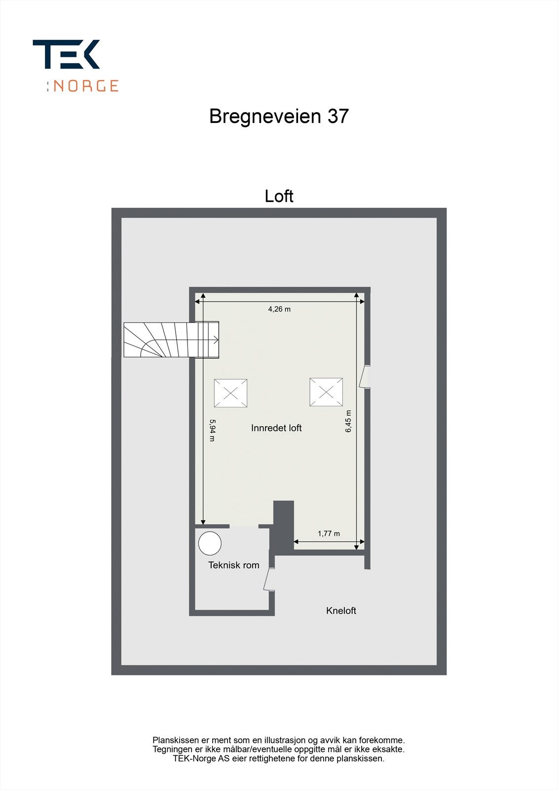 Loft (14 kvm BRA-i + 12 kvm ikke måleverdig areal, totalt 26 kvm gulvareal) består av: Innredet loft og teknisk rom. Galleribilde