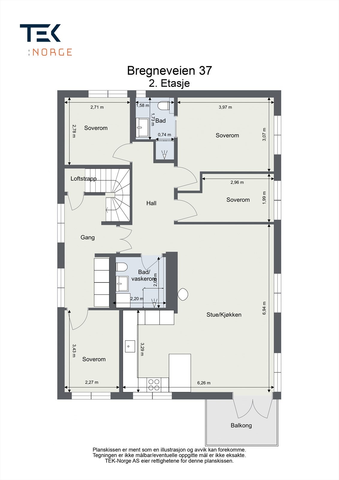 2. etg. (106 kvm BRA-i) består av: Hall, gang, bad, bad/vaskerom, 4 soverom, stue/kjøkken med utgang til balkong. Galleribilde