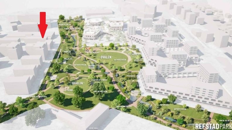 Illustrasjonsbilde hentet fra Oslo kommunes nettsider: https://www.oslo.kommune.no/slik-bygger-vi-oslo/okern-torg/
Kreditering: Oslo kommune / Bjørbekk & Lindheim.
Rød pil markerer ca. beliggehet på leiligheten. Galleribilde