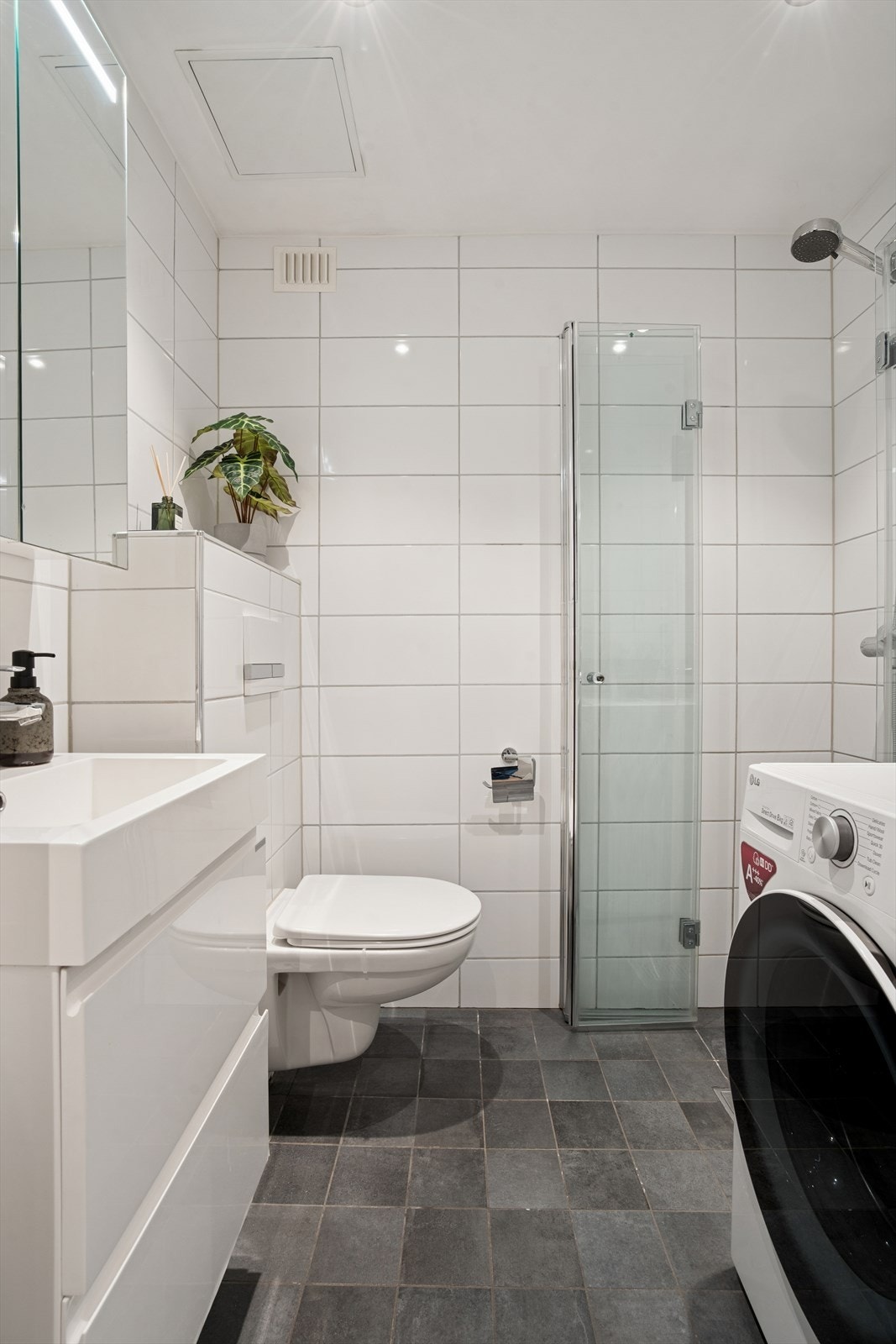 Innredningen består av en servant med skuffer, speilskap, vegghengt toalett og svingbare dusjvegger i glass, samt opplegg for vaskemaskin. Galleribilde