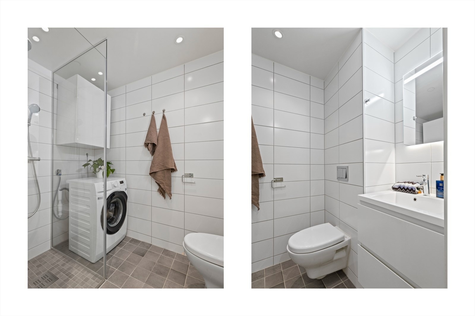 Baderommet har innredning med nedfelt servant, speil m/lys, veggmontert toalett, innfellbare glassdører, samt regnfallsarmatur fra Grohe og opplegg for vaskemaskin. Galleribilde