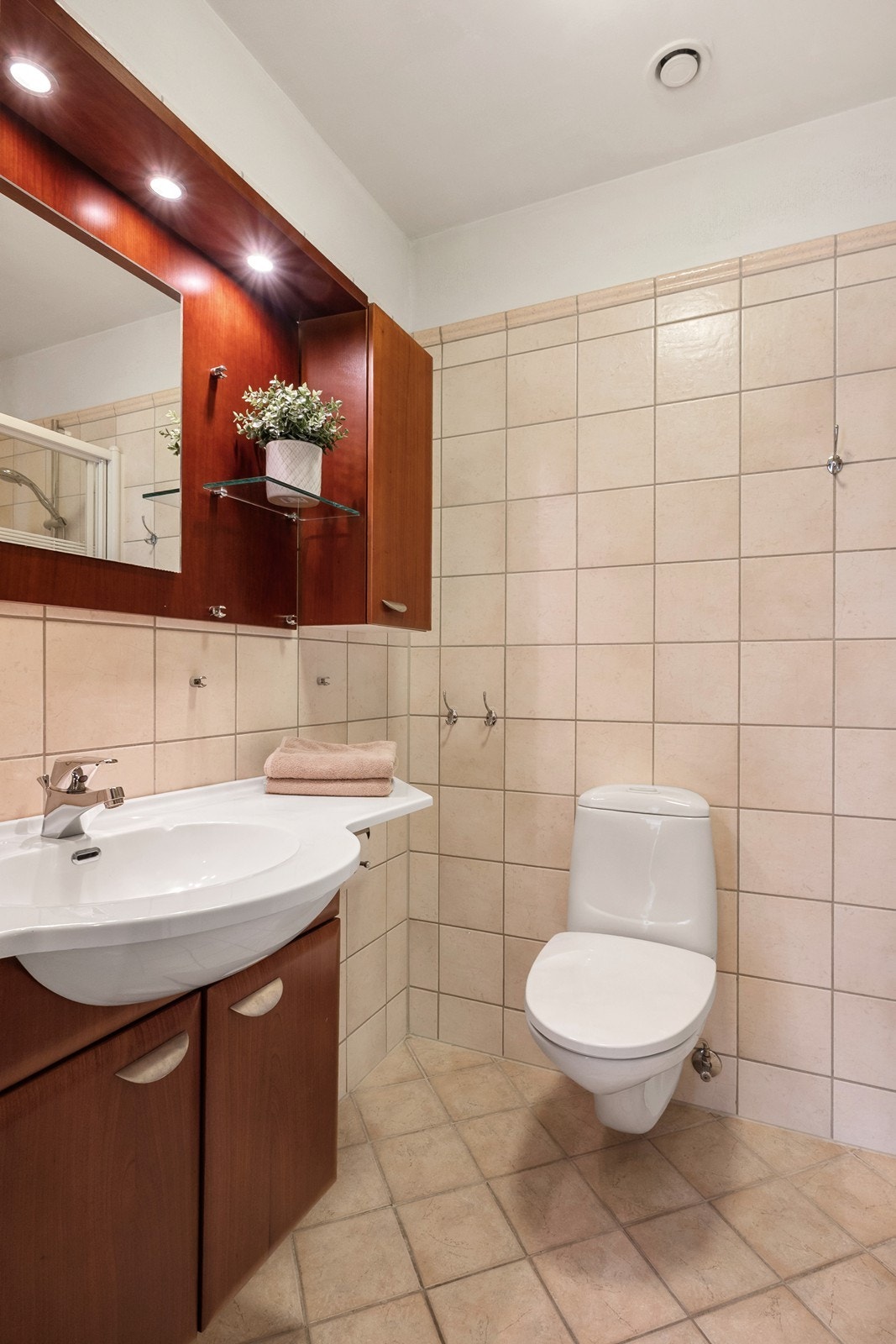 Det minste badet har samme fliser, innredet med toalett, servantskap og dusjhjørne. Galleribilde