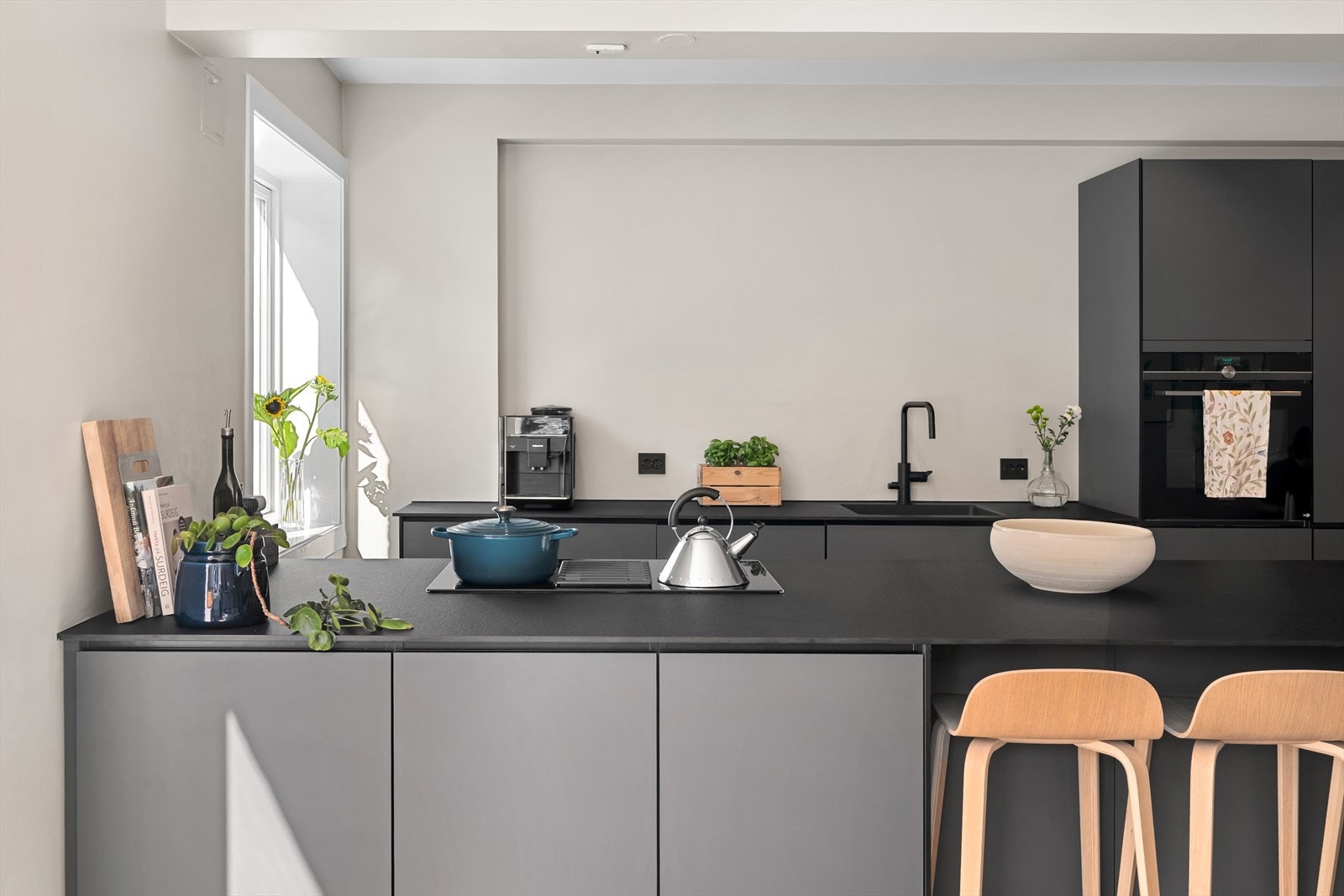 Innredning bestående av integrert kjøl/fryseskap, oppvaskmaskin, platetopp og stekeovn. Galleribilde