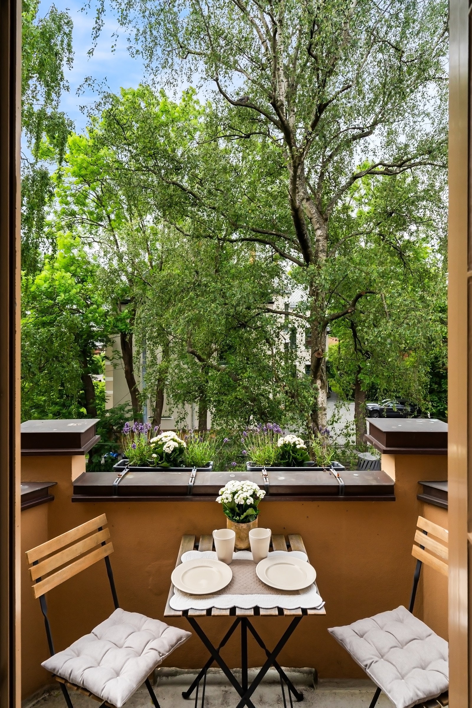 Rett utenfor balkongen vokser det en frodig hengebjørk som gir fin skjerming i sommerhalvåret. Galleribilde