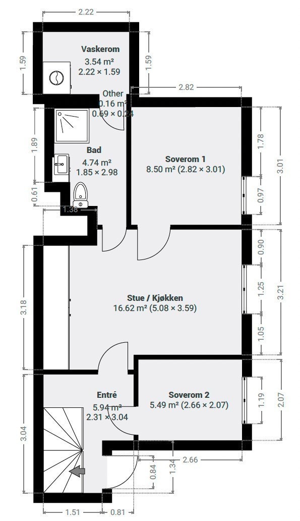 Plantegning med mål over leiligheten Galleribilde