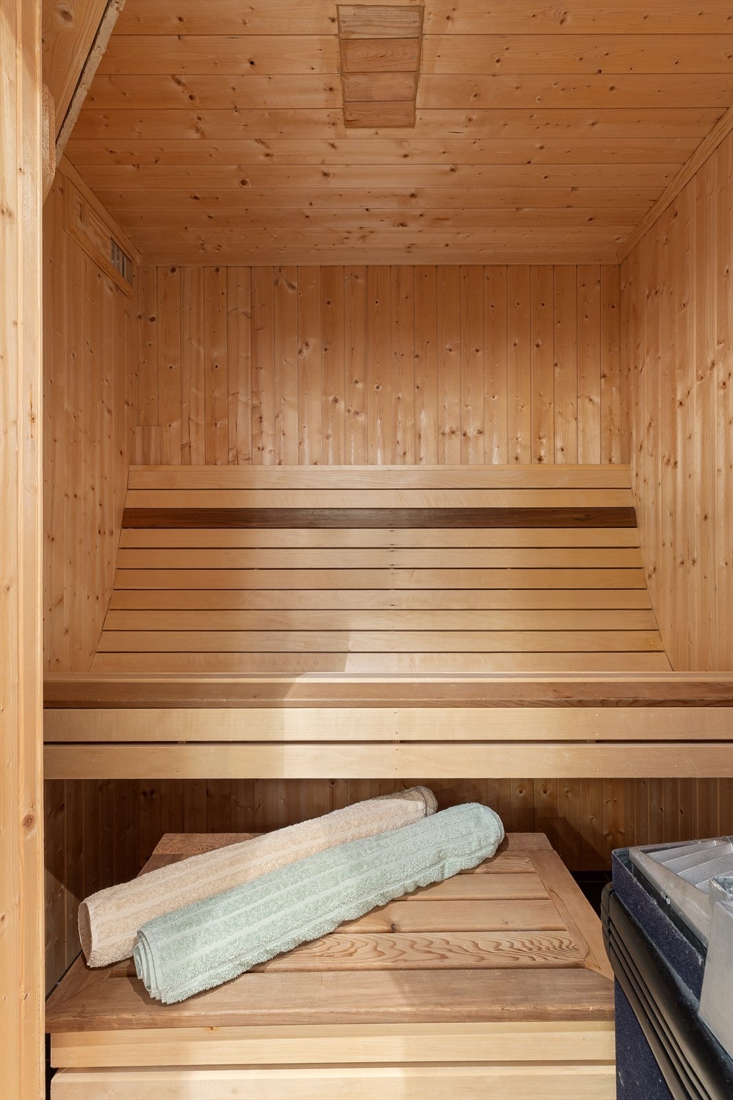 Badstuen har panel på vegger og tak, samt fliser på gulvet. Valgfri dampfunksjon. Galleribilde