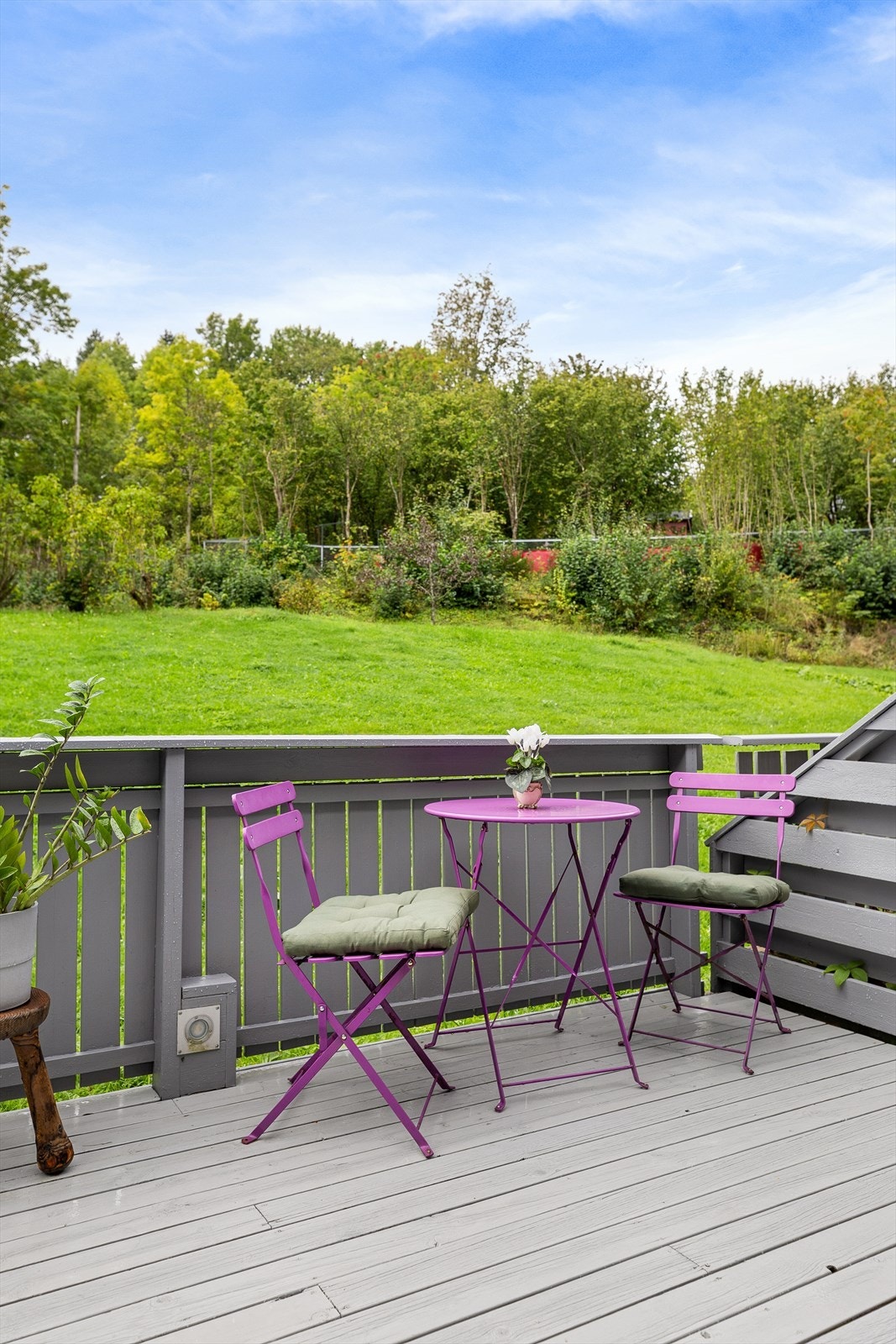 Utsyn mot grøntområde fra terrasse gir en rolig atmosfære. Galleribilde