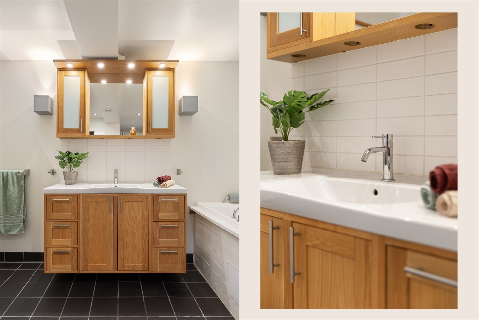 Innredning med profilerte fronter og lys under overskap gir praktisk oppbevaring og god belysning. Galleribilde