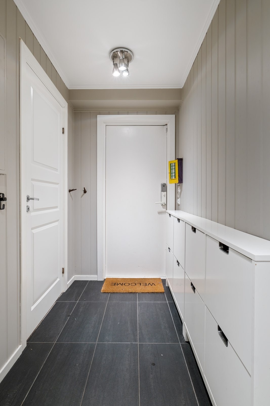 Lys entrè malt i tidsriktige farger med flislagt gulv. Galleribilde