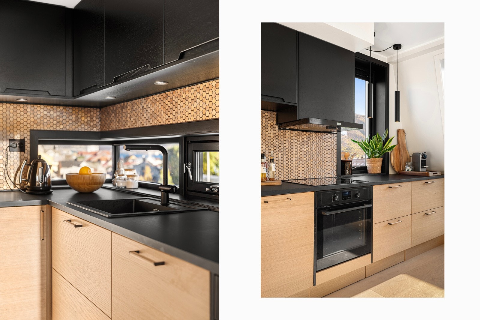 Lekkert kjøkken innredning med glatte lyse og mørke fronter i heltre. Galleribilde