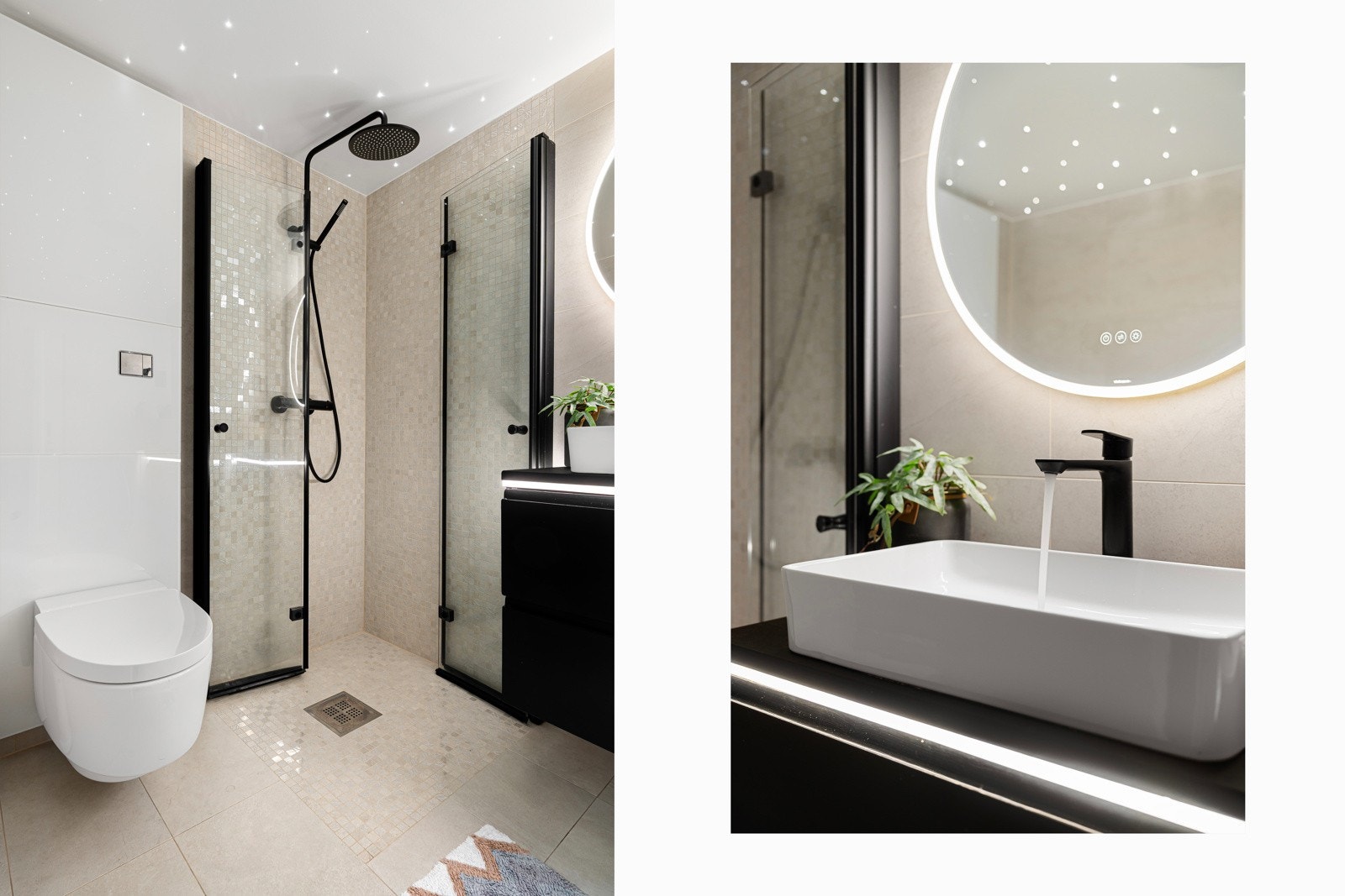 Baderommet er romslig utformet med plass til alle dagligdagse gjøremål, opplegg til vaskemaskin gir deg enkelhet i en travel hverdag. Og belysning i skuffer og på speil gir en eksklusiv følelse. Galleribilde