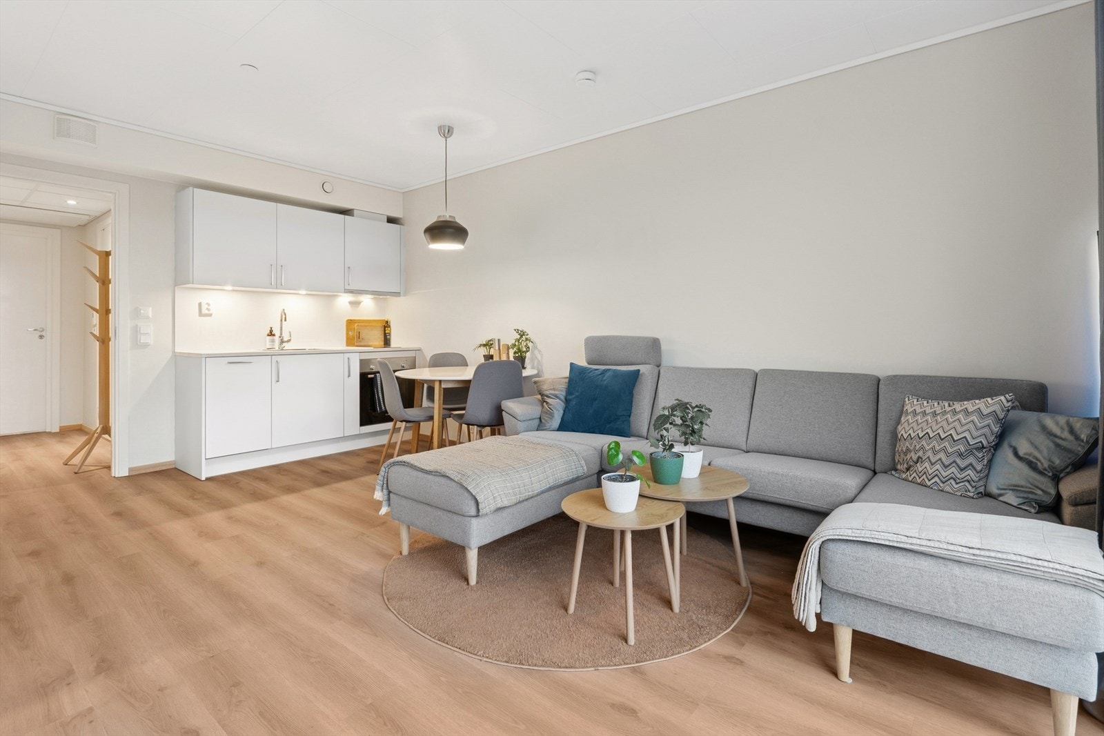 Stue og kjøkken ligger i åpen løsning, og har naturlige møbleringssoner og godt med lysinnslipp Galleribilde