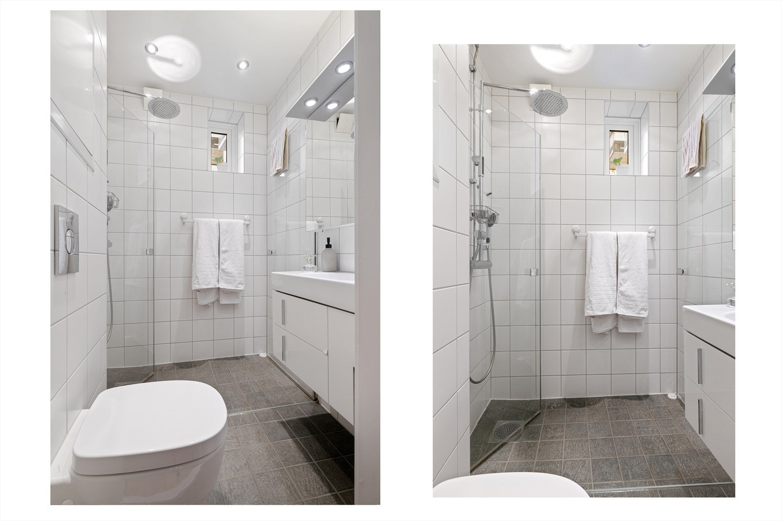 Flott, tidløst bad pusset opp i regi av aksjeselskapet i 2012. Rommet har flislagte overflater, elektrisk gulvvarme og downlights i himling. Galleribilde