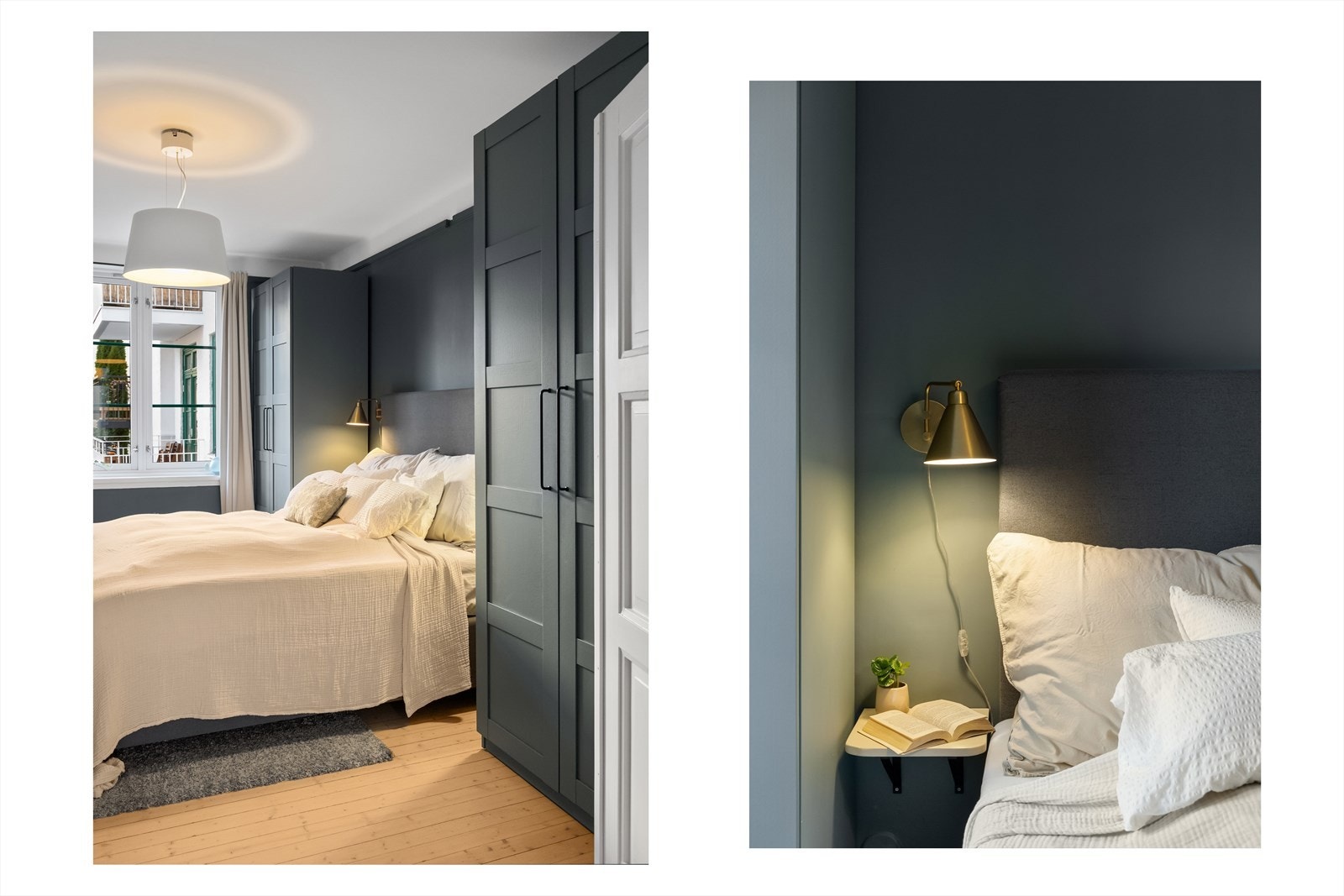 Soverommet har garderobeskap på hver side av sengen som er malt i samme behagelige farge som veggen. Galleribilde