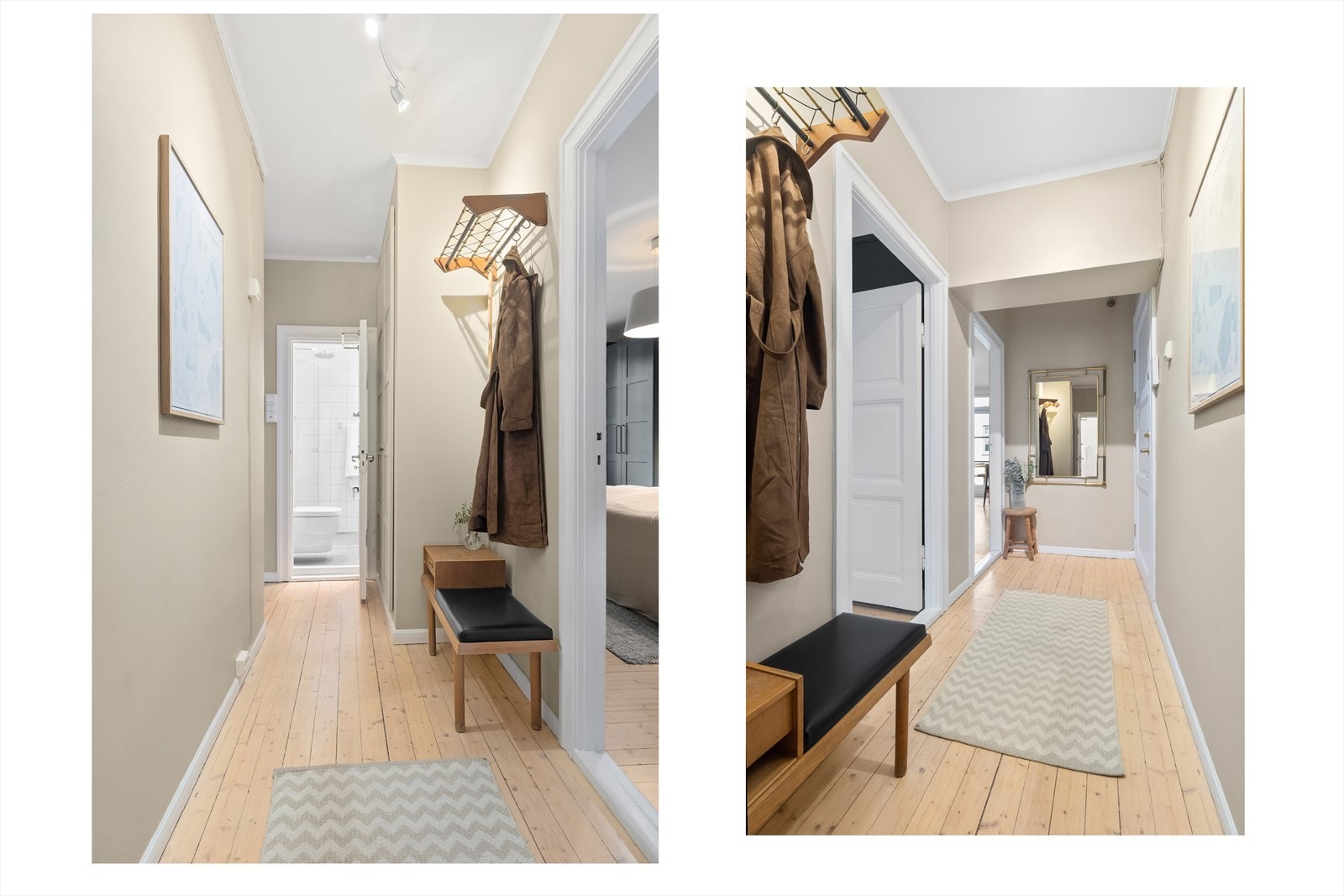 Velkommen inn! I gangen er det innebygd skap og plass til knagger for oppbevaring av yttertøy. Galleribilde