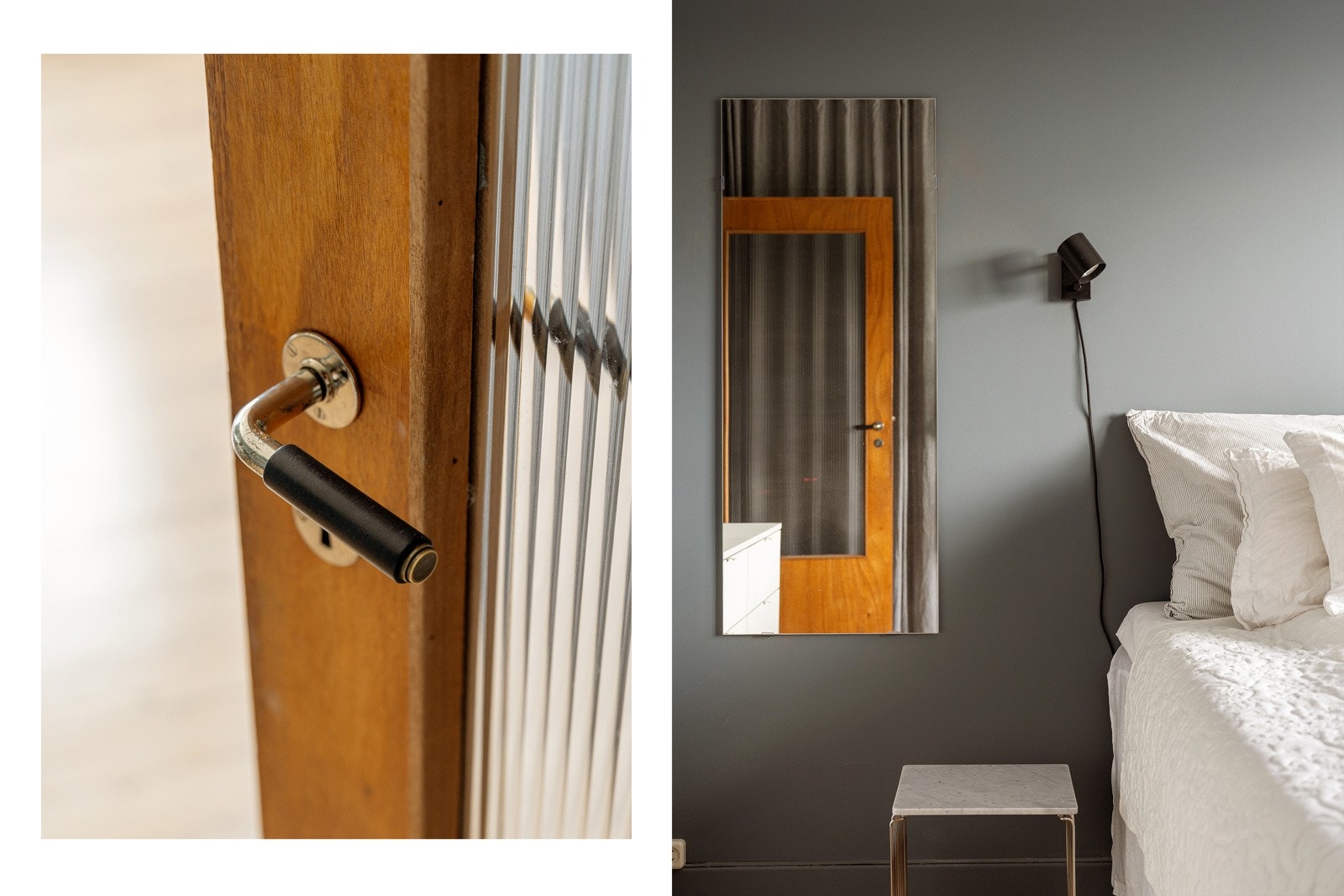 Hovedsoverommet har lekker klassisk tredør med glassfelt mellom gangen og hovedsoverommet. Galleribilde