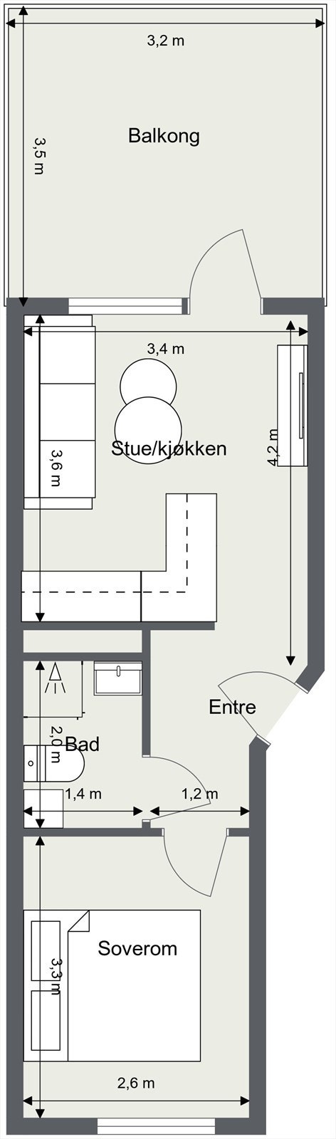 Plantegningen viser leilighetens romfordeling med entré, bad, soverom og stue/kjøkken. Galleribilde
