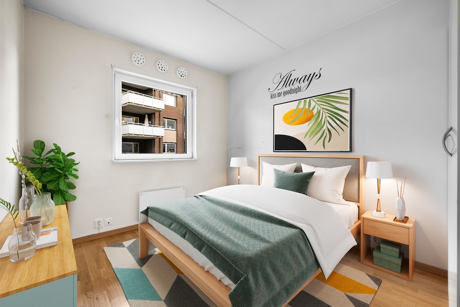 Soverommet har plass til seng og garderobeløsning - Digital styling av foto Galleribilde