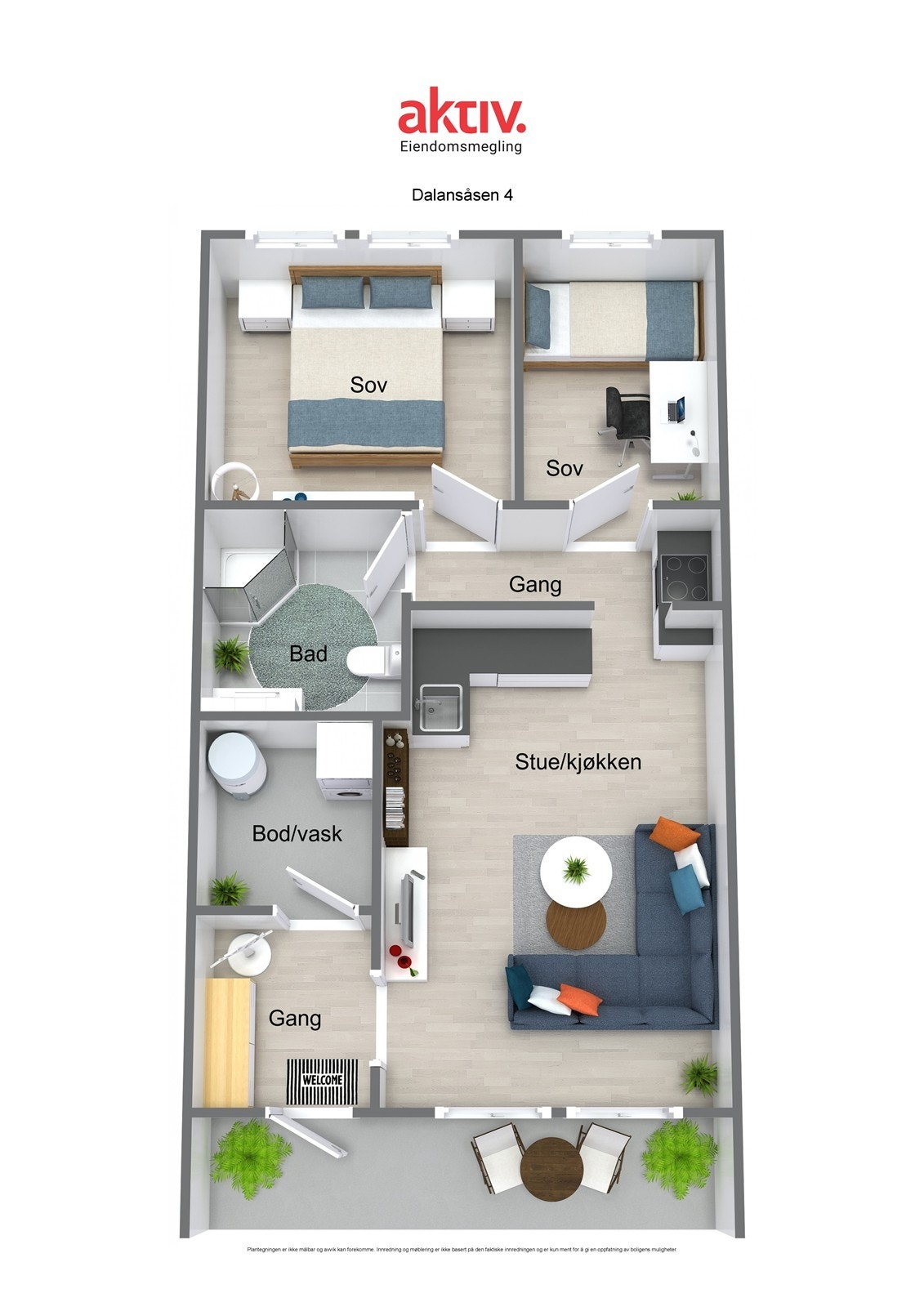 Leiligheten har en god planløsning og er svært arealeffektiv hvor det er tatt hensyn til eget vaskerom og oppbevaringsmuligheter i tillegg til to soverom, kjøkken/stue og bad. Galleribilde