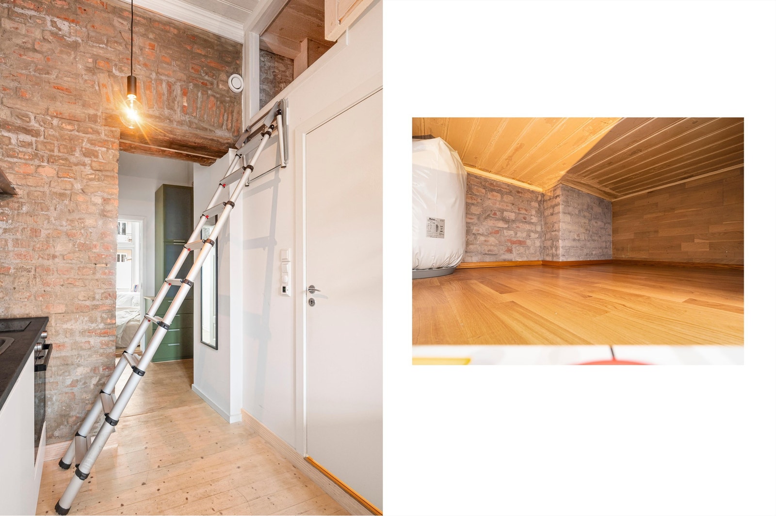 Over badet finnes en praktisk hems med tilgang via teleskopstige, som gir ekstra oppbevaringsmuligheter og utnytter plassen på en smart og funksjonell måte. Galleribilde