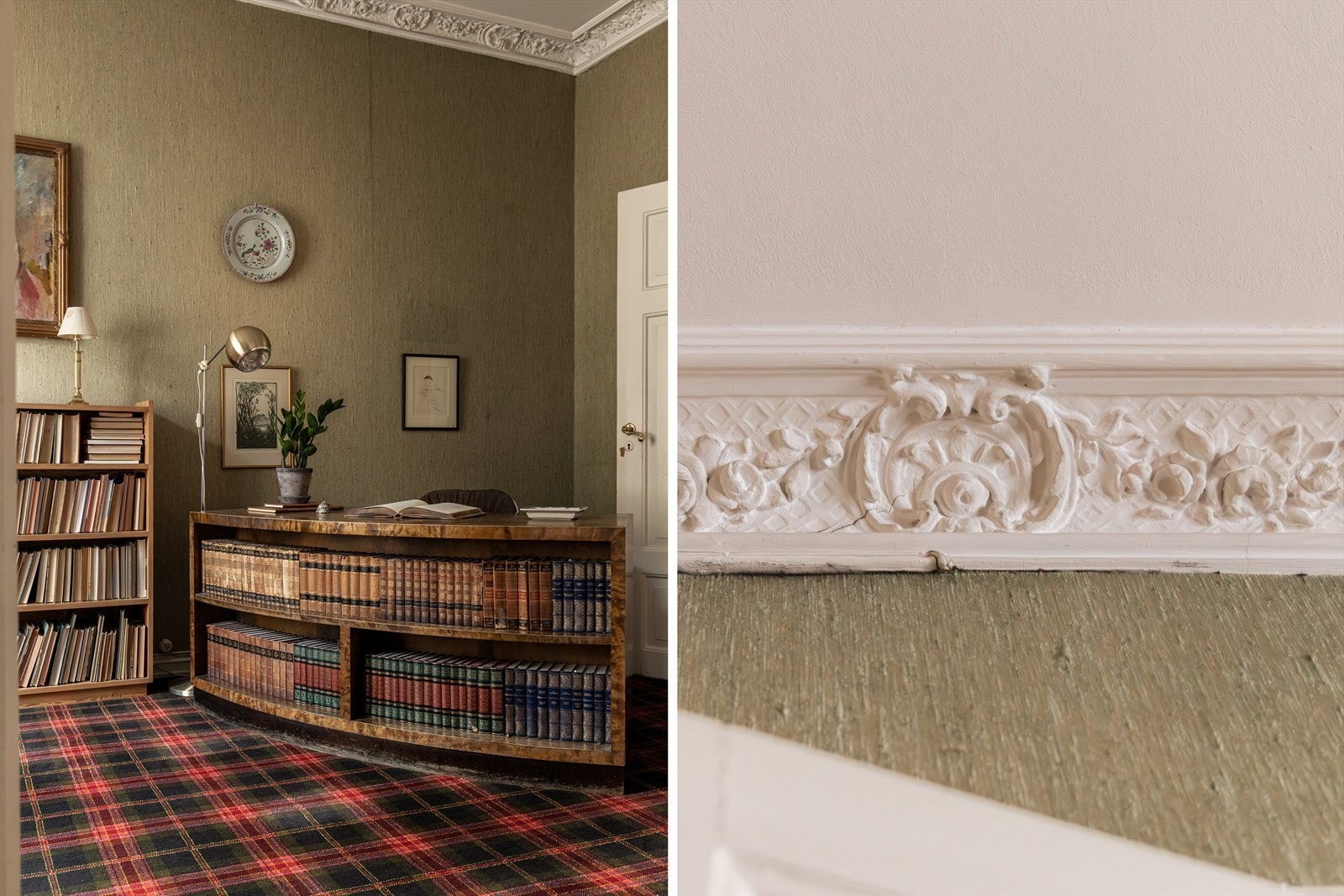 Boligen har originale detaljer som stukkatur/rosetter, doble fløydører og smijernsovn i spisestuen. Galleribilde