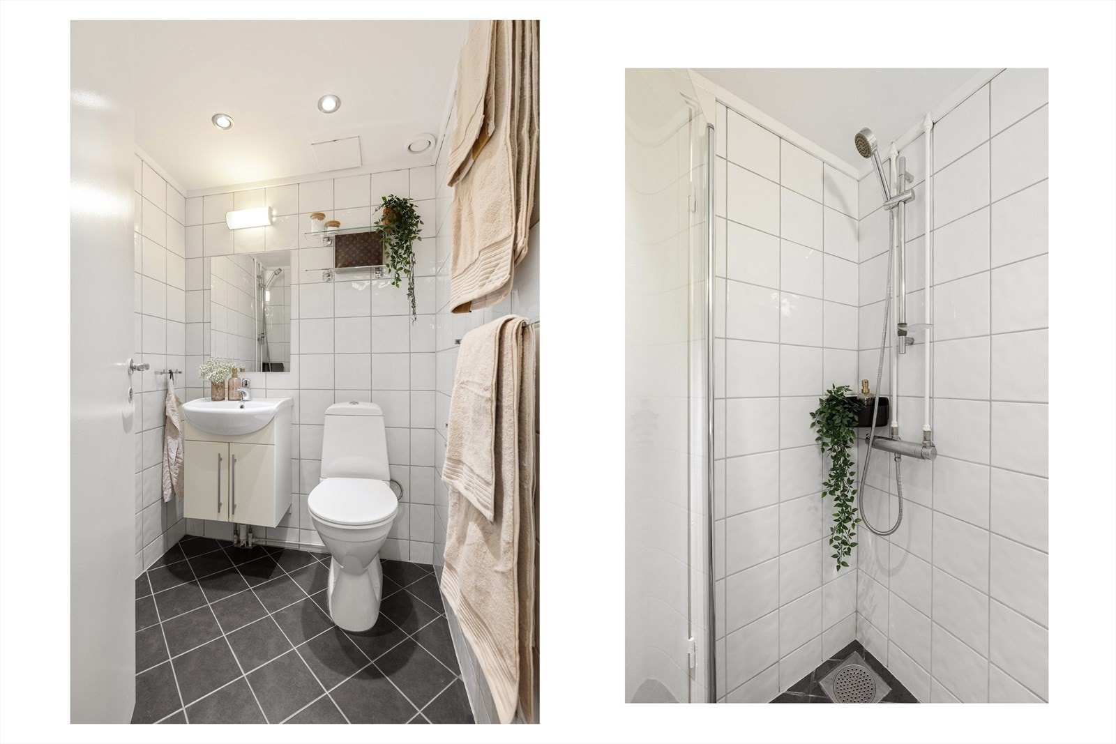 Badet har flislagte overflater, elektriske varmekabler og downlights i himling. Badet inneholder dusjhjørne med innfellbare dører i glass, gulvstående toalett og baderomsinnredning med skap, servant, innmurt speil på vegg og belysning. Galleribilde