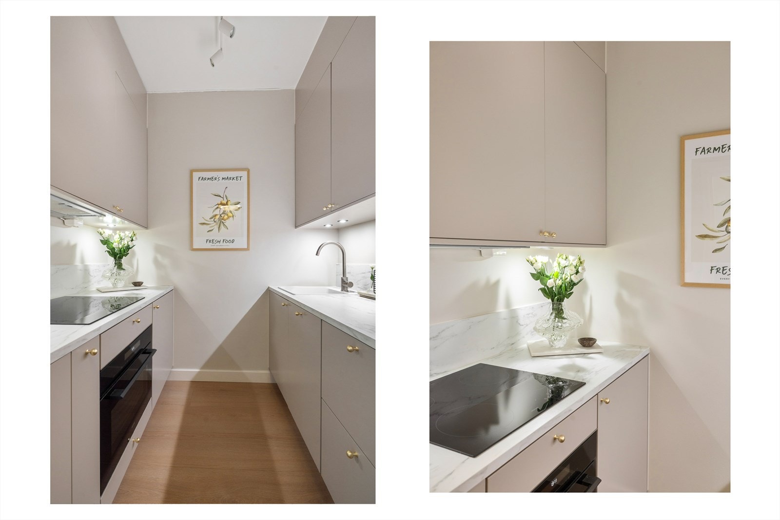 Kjøkkenet er utstyrt med hvitevarer som kombiovn med mikro, platetopp, oppvaskmaskin, kjøleskap samt ventilator (mekanisk avtrekk) over kokesone. Galleribilde