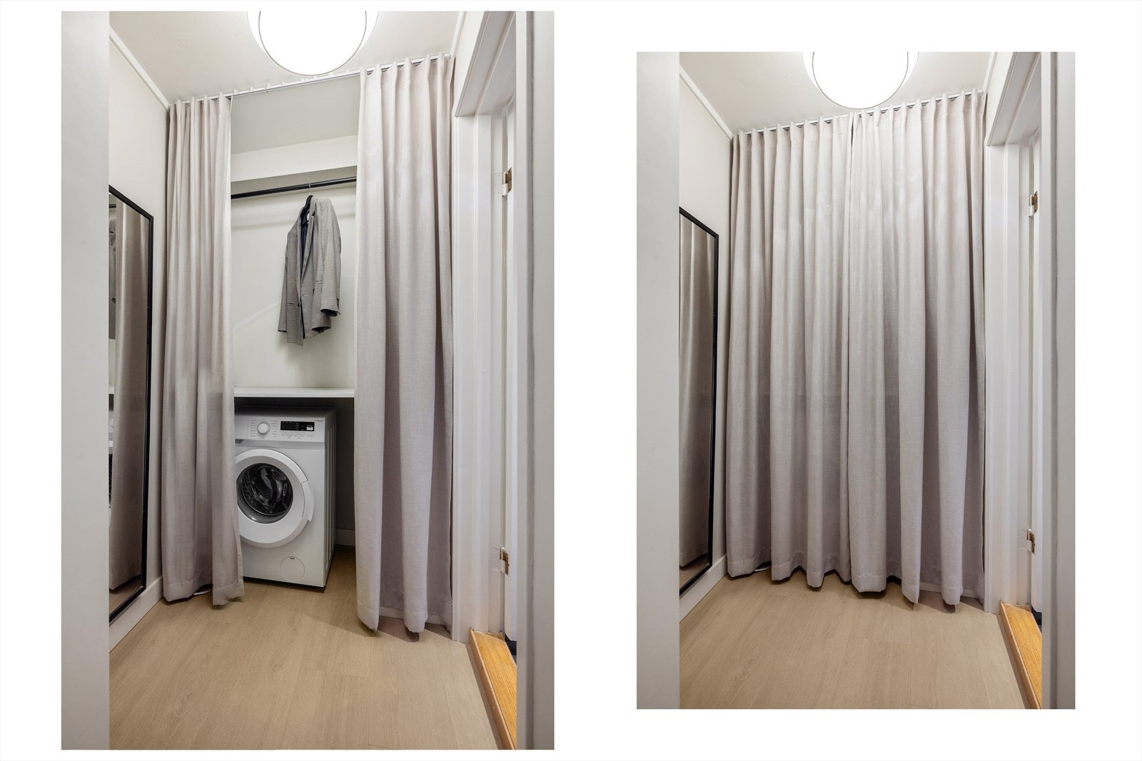 Det er plass til skjermet garderobenisje for oppbevaring av yttertøy, her er det også opplegg vaskemaskin. Galleribilde