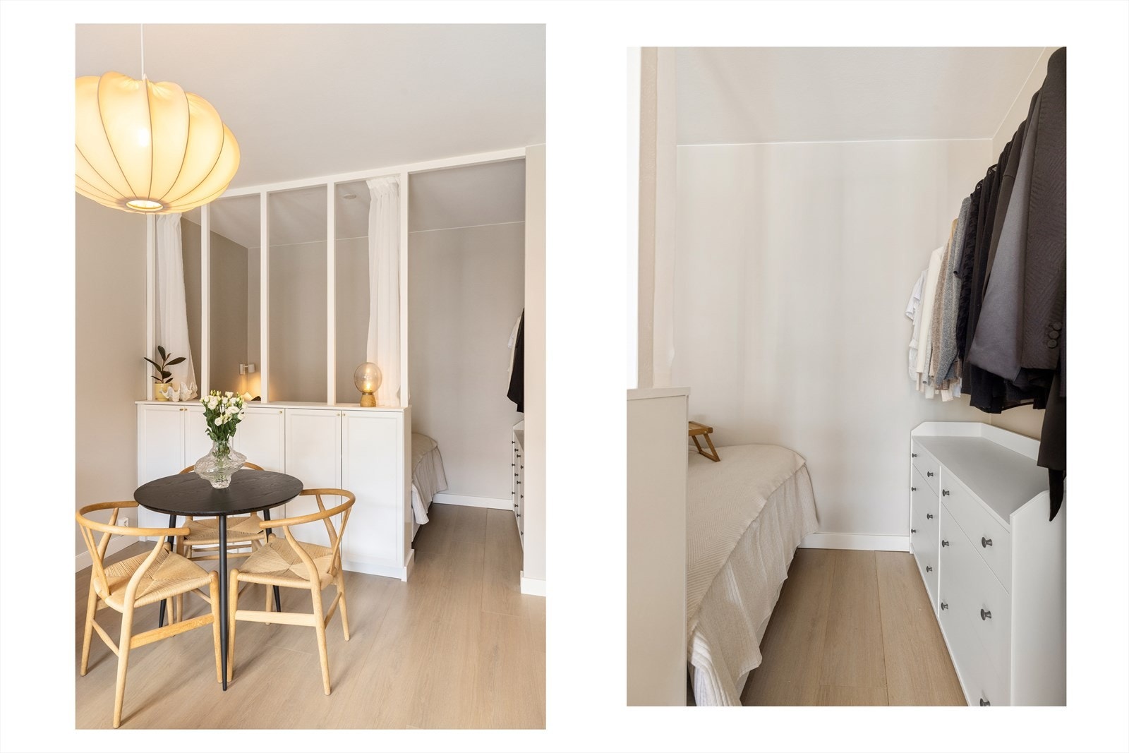 Smart garderobeløsning med masse oppheng og mulighet for kommode. Det er også oppbevaring i skillevegg med skap og forheng. Galleribilde